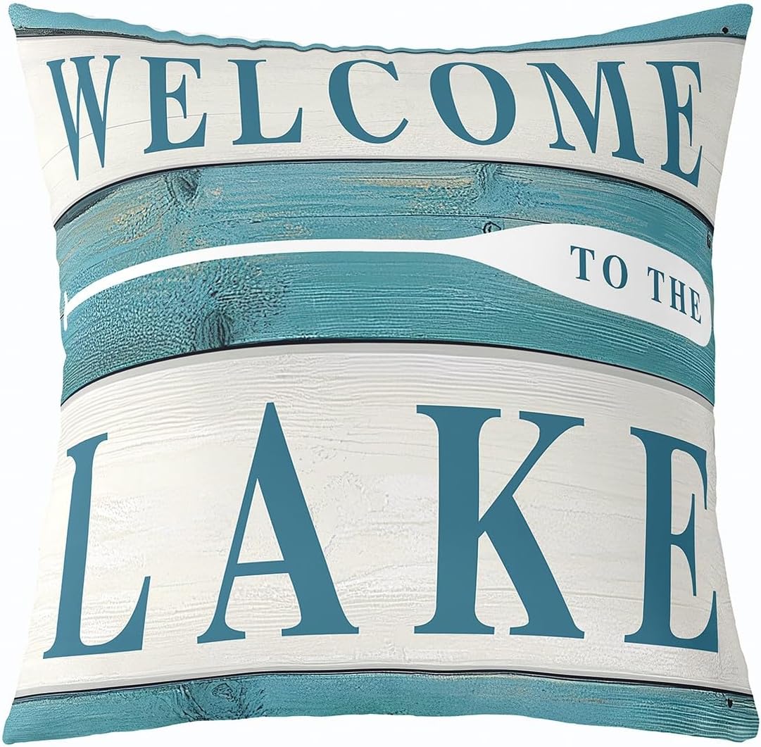 Pack of 2 Lake Decorative Throw Pillow Covers, Soft Farmhouse Lake Theme Square Cushion Case Set for Couch Sofa Bedroom Living Room,Camper Wood Grain Blue Pillow Cases Pillowcases, 22x22 Inches