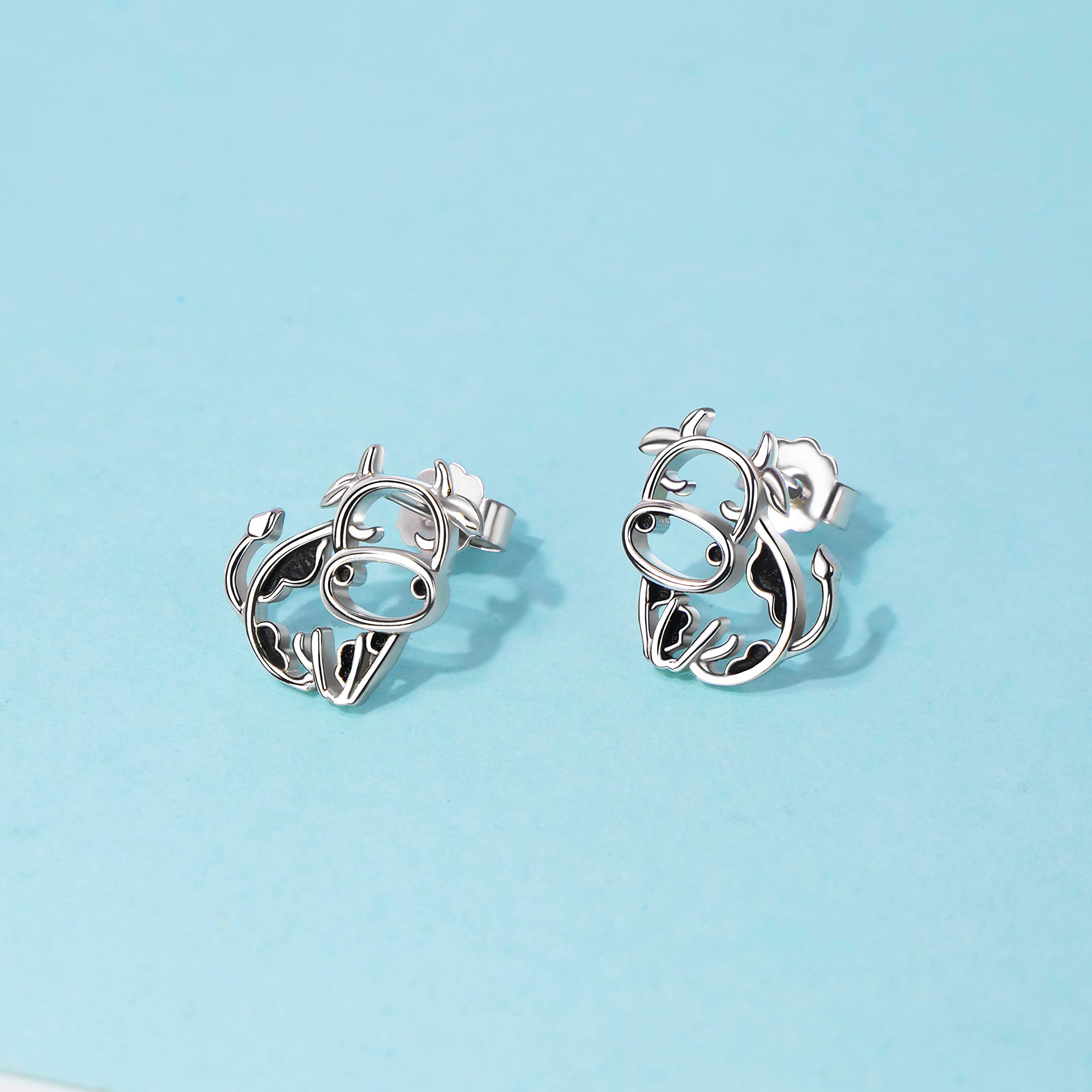 Pendientes de vaca/conejo/tigre, plata de ley 925, gato/mapache, joyas de animales, regalos para el día de la madre para mujer, 0.81 Zoll x 0.76 Zoll, Plata de ley