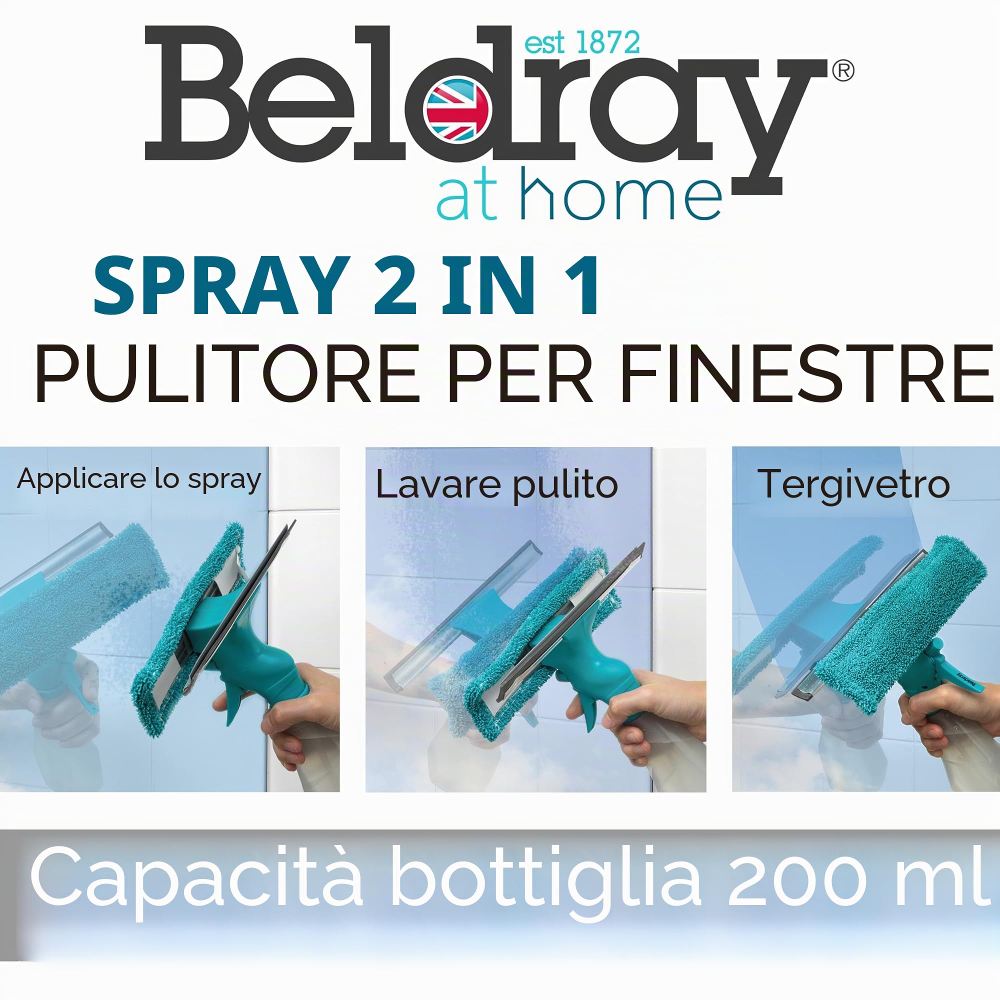 Beldray LA024275TQEU7 Detergente per Vetri Spray Salviette Integrate & Tampone di Pulizia in Microfibra, leggero, 25 x 27 cm, TergiVetro del Finestrino, Detergente per Vetri Doccia