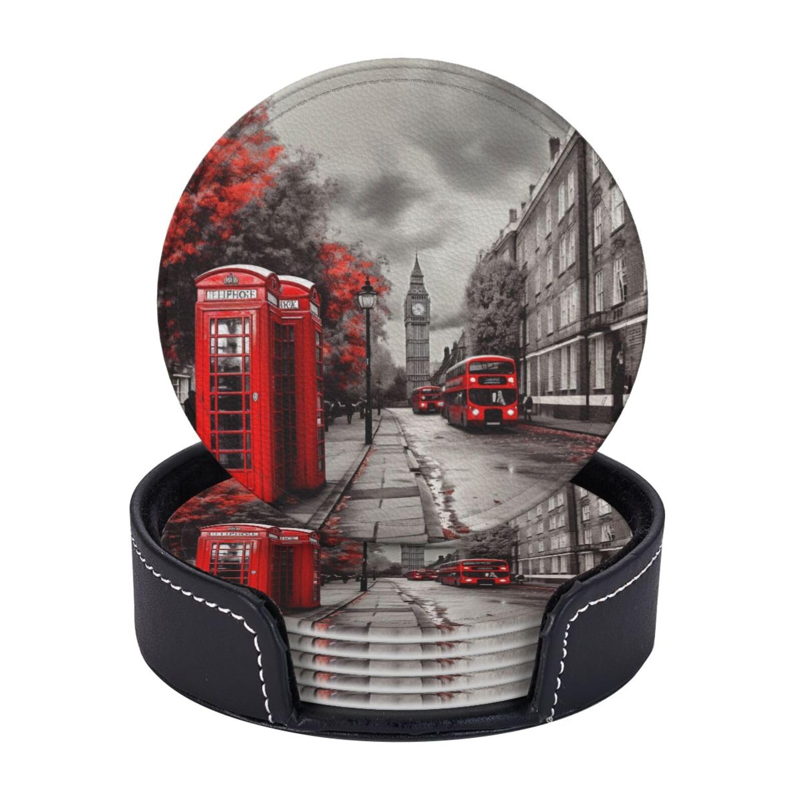 Round Coasters for Drinks Set of 6 - PU Leather Coasters with Holder - Modern Drink Coasters for Coffee Table - Red London Street Coaster for Tabletop Protection 4" Cup Mat Pad