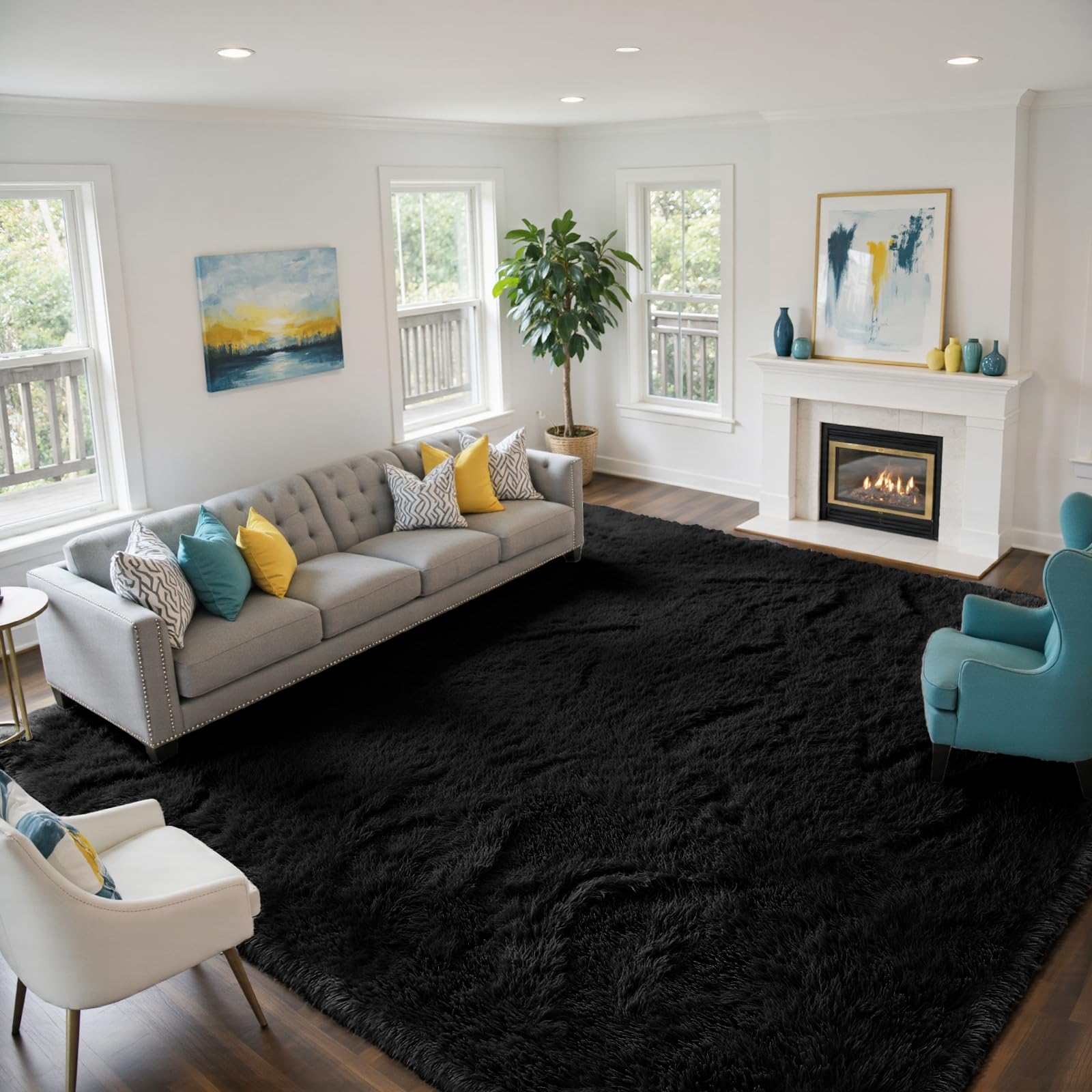 yongyangjuxin Fluffy Rug Shaggy Area Rug, Black 10x14 Area Rugs for Bedroom, Super Soft Shaggy Rugs for Living Room Bedroom Kids Room Home Decor,