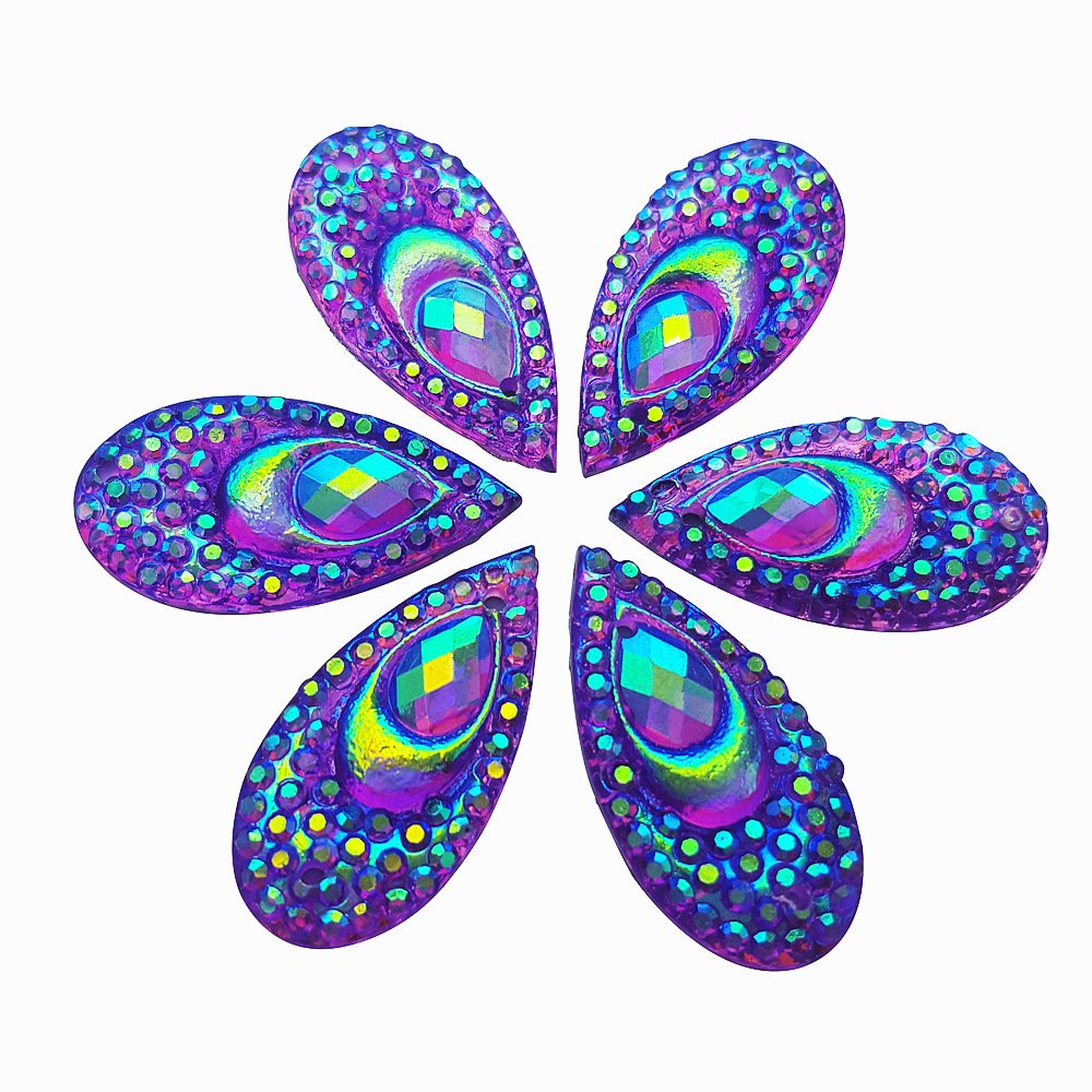 100 Purple AB Clear Faceted Drop Shape Sew on Rhinestones Crystal Gems Flatback Sewing Stones Dress Accessory 2 Holes