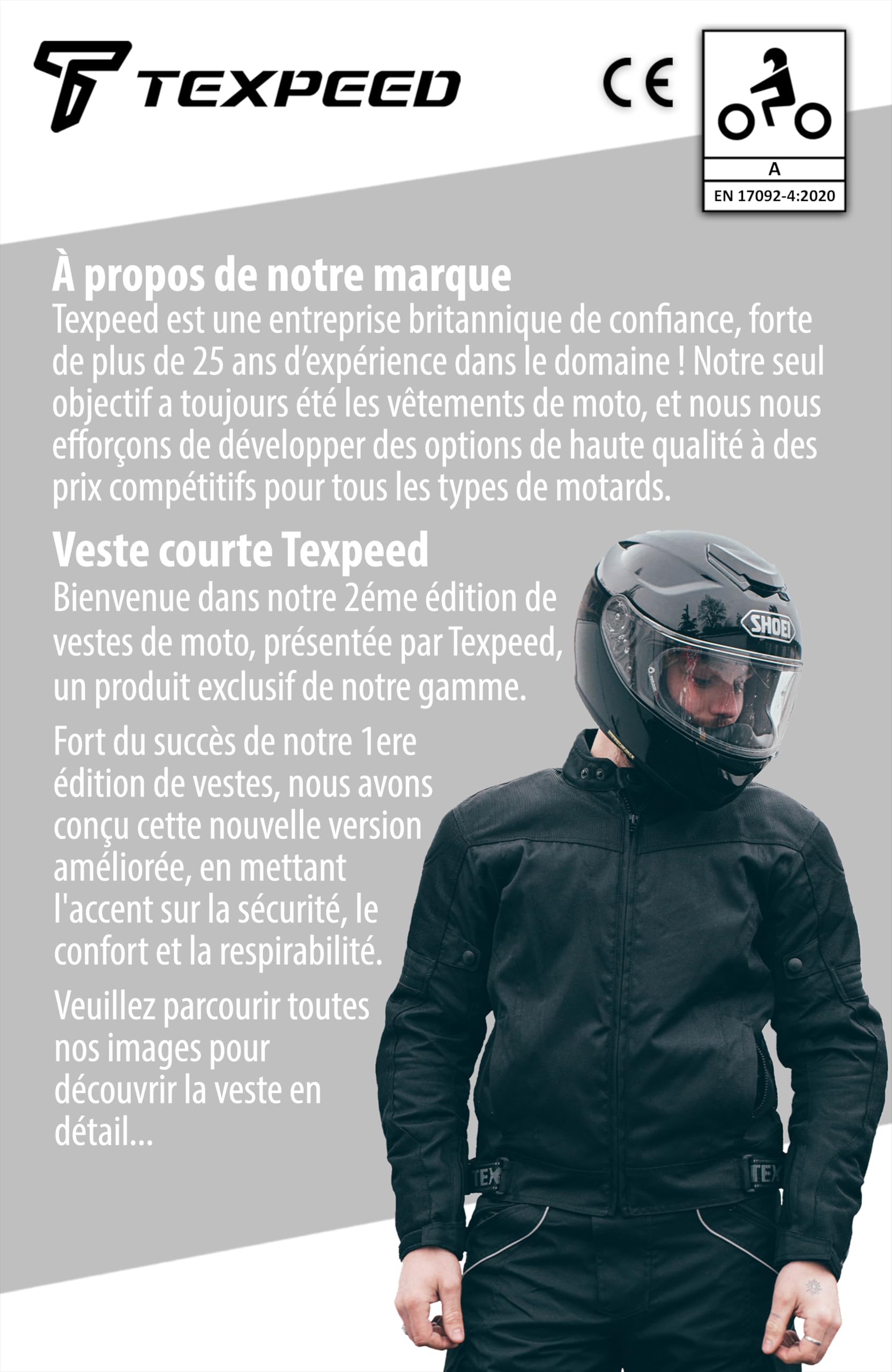 Texpeed veste textile homme homologué avec protection - Cordura Été/hiver blouson scooter motard imperméable avec armure CE (EN 1621-1) - Noir - L