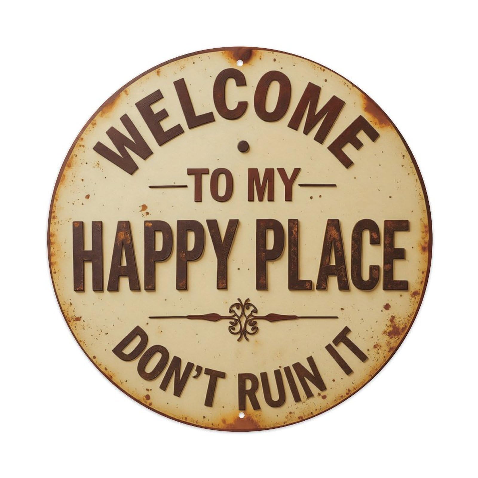 Ldfuieksufg Style Round Rustic Vintage Happy Place Simple Slogan Wall Sign Cabin Decor Vintage Aluminium Metal Sign, Retro Wall Decor For Home, Bar, Garage & Farmhouse 20X20cm