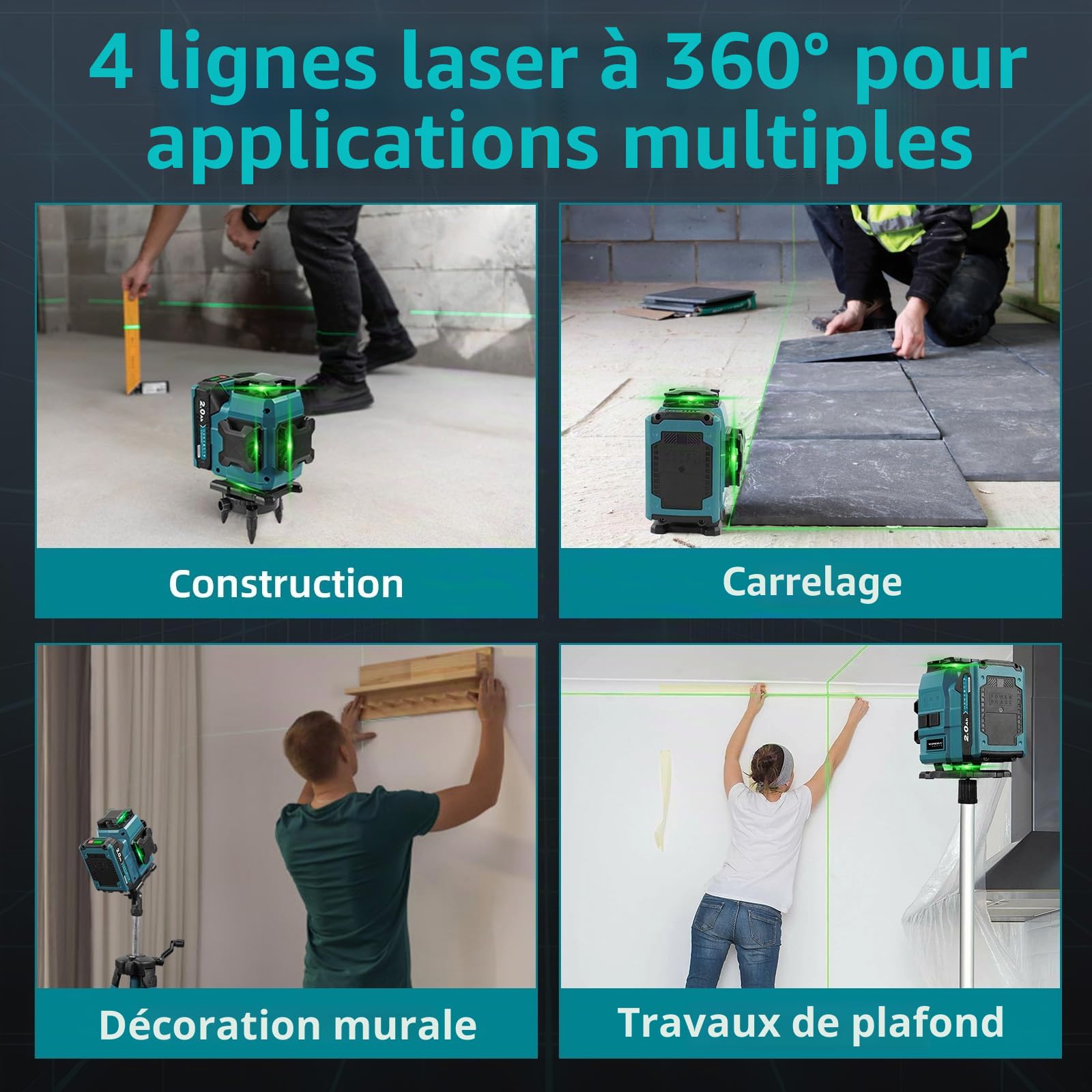 Yofidra Niveau Laser avec Trepied Autonivelant, 360°x 4, 4D 16 Lignes Laser | Nivellement Automatique, IP54, avec 2 Batteries 2000 mAh, pour les Chantiers en Intérieur