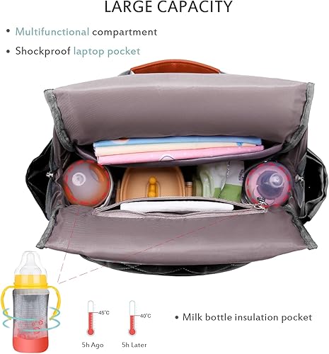 Miniatura 3 de Mochila multifuncional para pañales, bolsa cambiadora de pañales impermeable de gran capacidad con cambiador y correas para cochecito, Negro -,