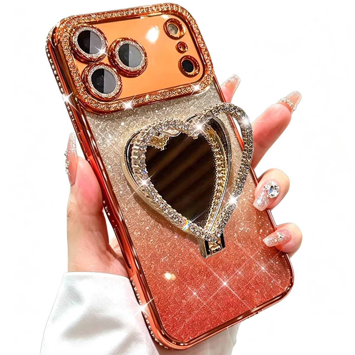Funda con soporte de espejo brillante para iPhone 17 Pro Max, bonito diamante de imitación con corazón de amor, soporte de espejo de maquillaje y protector de cámara, funda femenina para