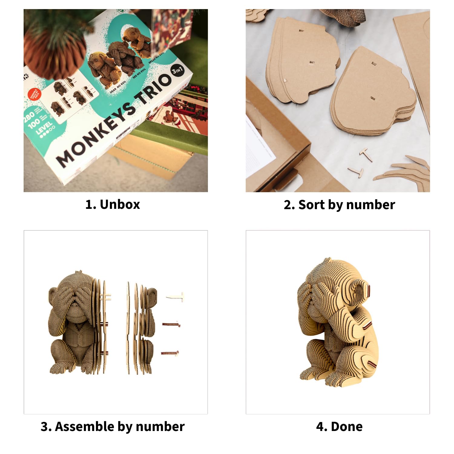 Affen Trio kartonowe puzzle 3D – 3 modele, 280 części, z materiałów pochodzących z recyklingu, rzeźby DIY
