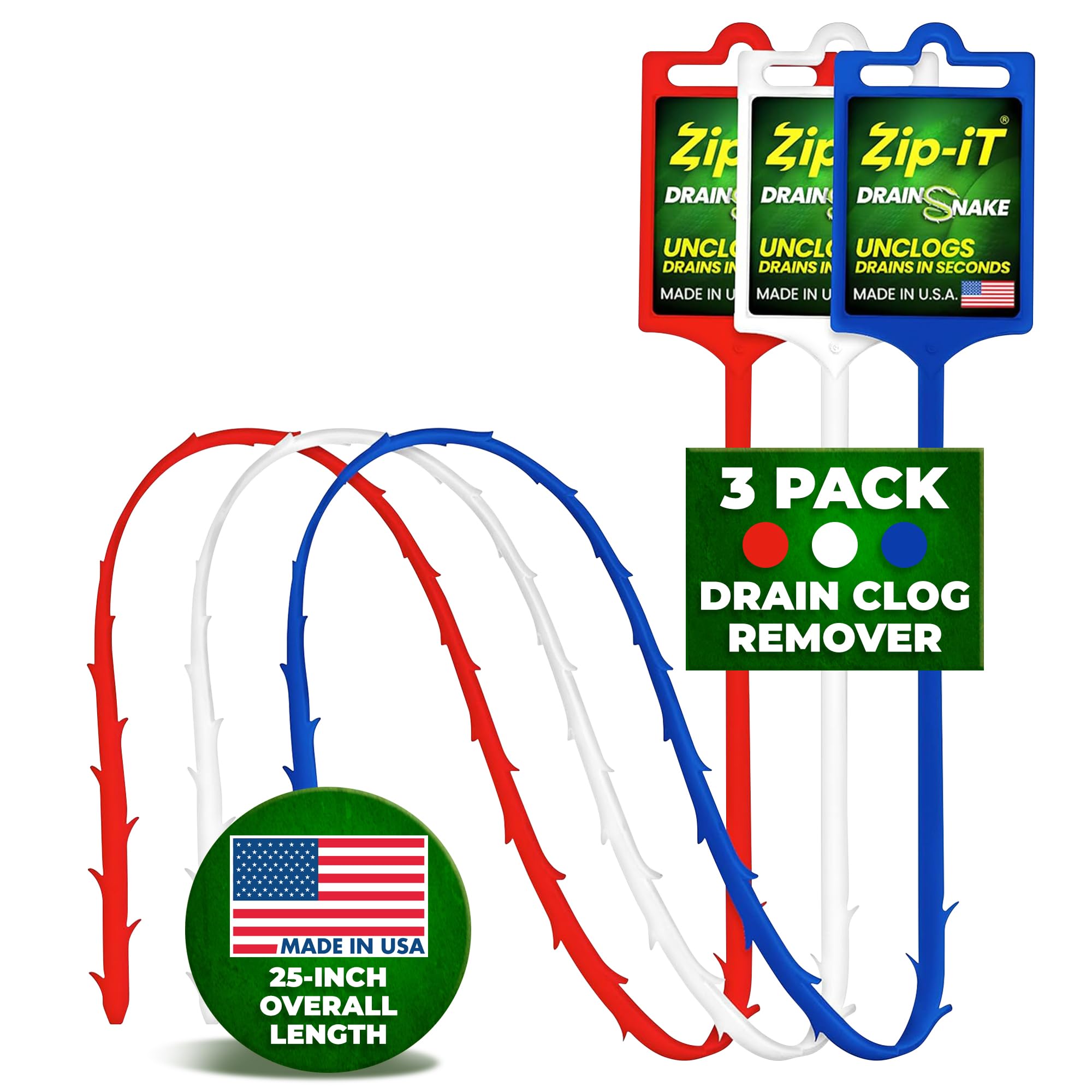 Zip-ItHair Drain Clog Remover, 25-inch Unclogger Tool for Shower, Tub & Sink in Seconds, Reusable, Flexible, Non-Toxic Drain Snake (3-pack)