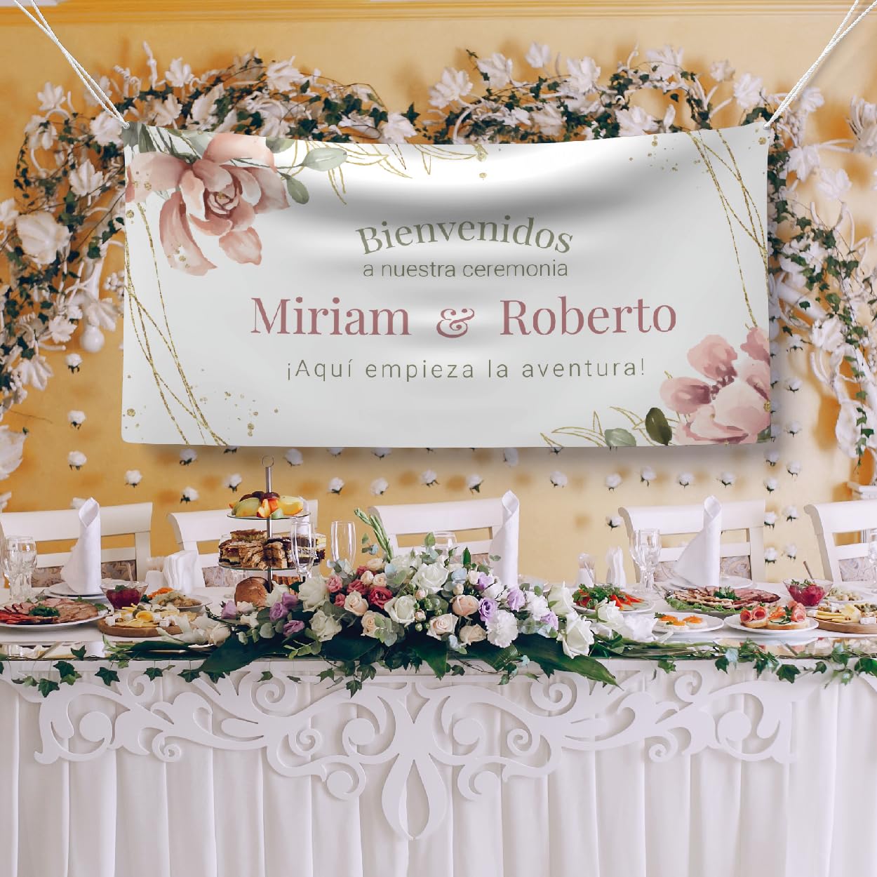 Pancarta personalizada - Cartel Bienvenida Boda | Print Stamp Love, Lona personalizada PVC Resistente, Decoración de bodas oro o plata, Incluye ojales para colocación,MODELO 4
