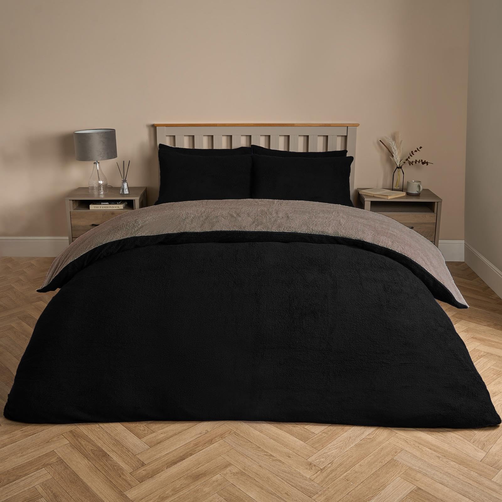 Brentfords Black/Natural Reversible Teddy Fleece Duvet Set, Super Soft Warm Thermal Single Duvet Cover Set Plain Dye Fluffy Fleece Single Teddy Bear Bedding With Pillowcase,