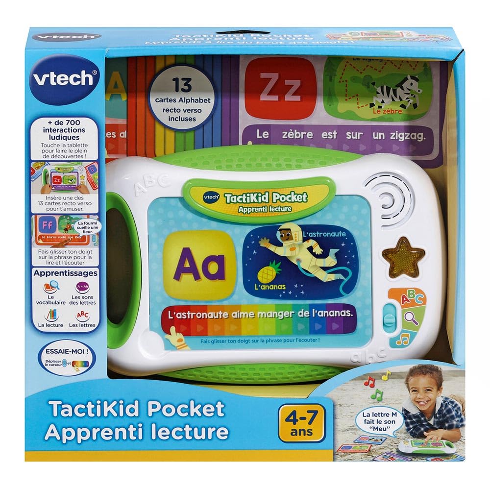 VTech - TactiKid Pocket Apprenti Lecture, Tablette Tactile sans Écran, Jouet Interactif pour Apprendre à Lire, 14 Fiches d'Activités, Cadeau Enfant de 4 Ans à 7 Ans - Contenu en Français