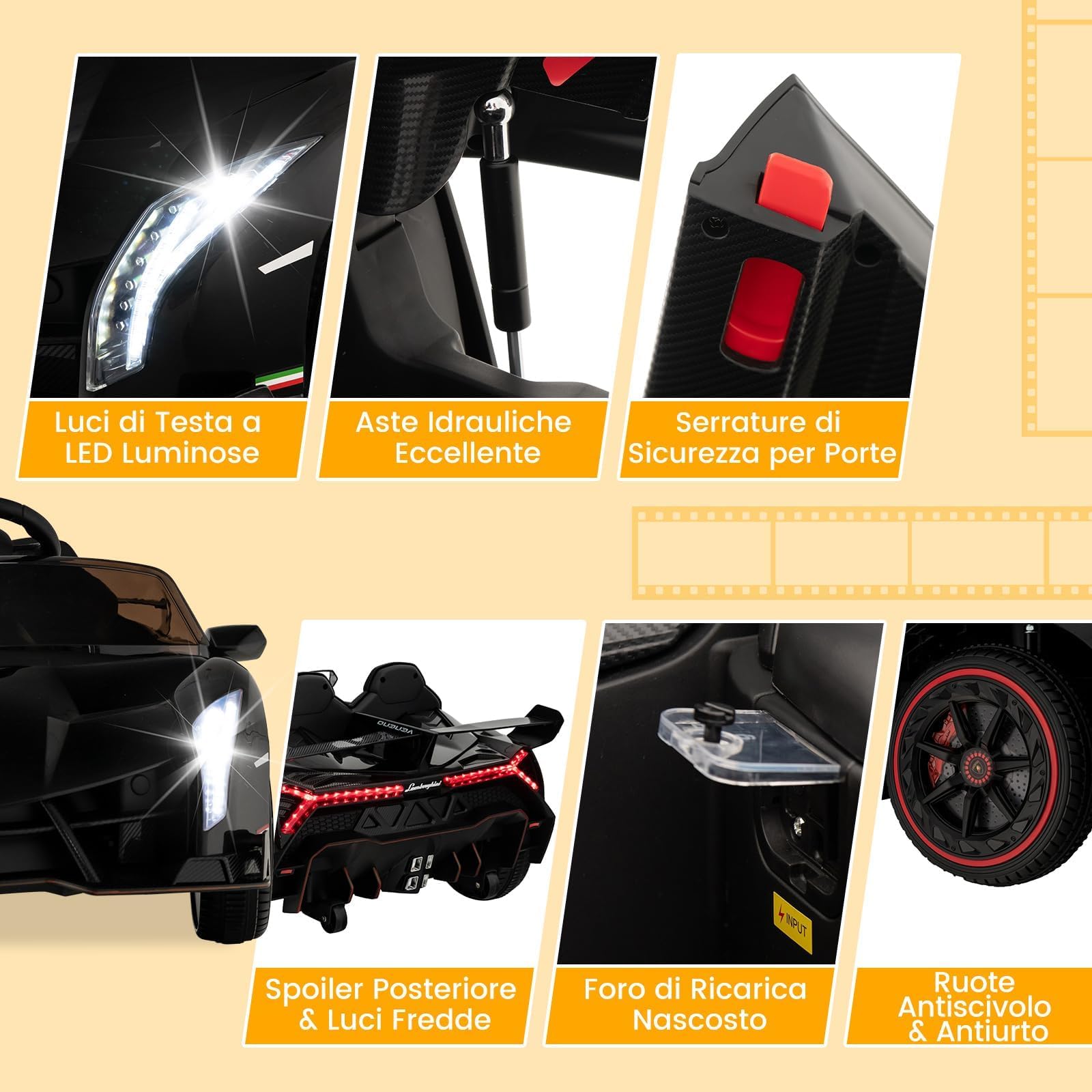 GYMAX Auto Elettrica Lamborghini, Macchina Giocattolo a Trazione Integrale con Telecomando, Luci LED, Funzione USB & MP3 & Dondolo, Veicolo per Bambini 3-8 Anni, Velocità 3-6 KM/H (Nero)