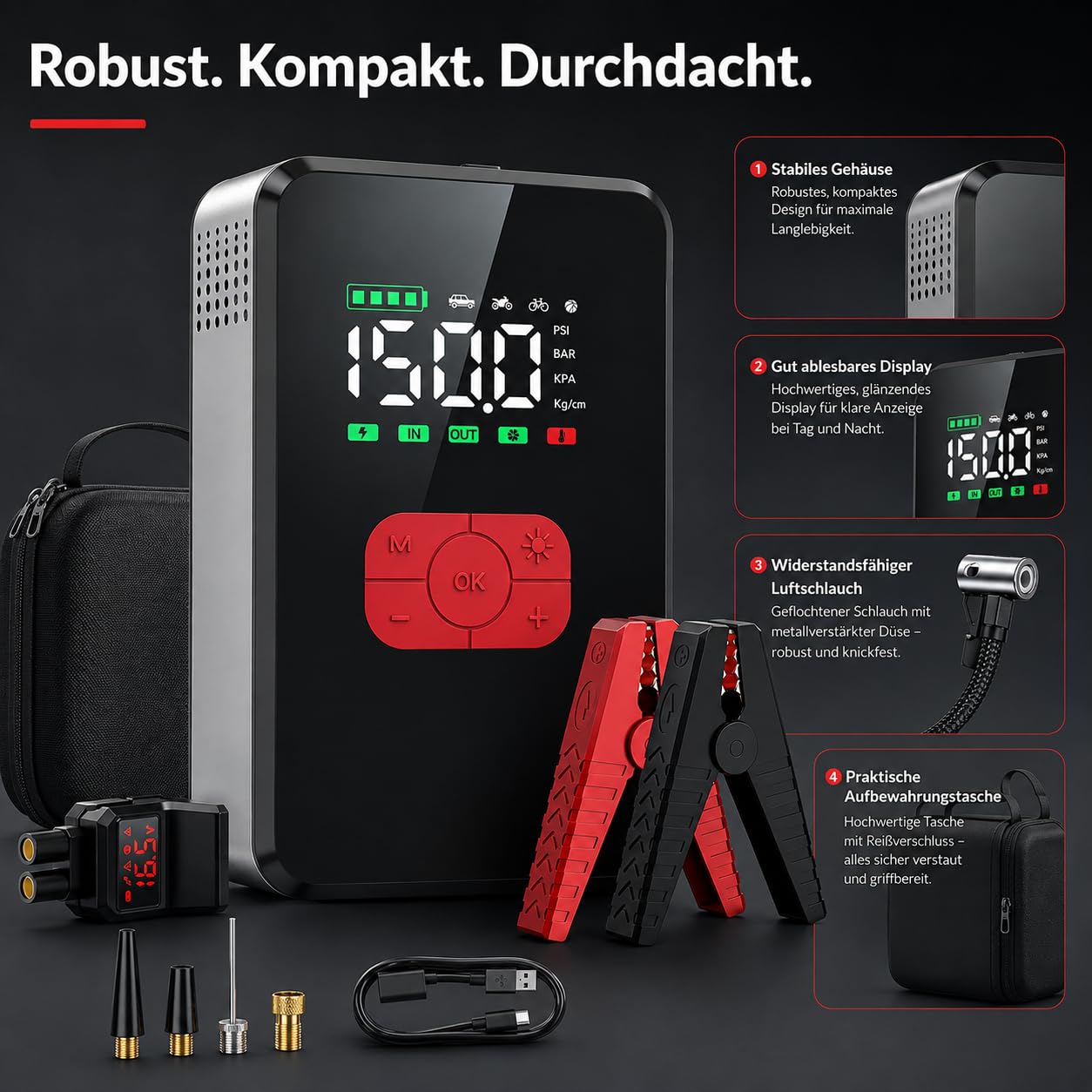 7000A Starthilfe 12V mit 26800 mAh Powerbank, 150 PSI Kompressor, LED-Notlicht SOS, 3,3" Display, Auto Motorrad Fahrrad Reifenpumpe, Pannenhilfe & Camping