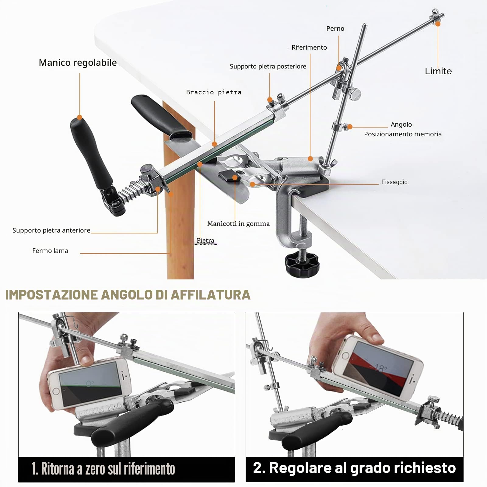 RUIXIN PRO RX-009 - Affilacoltelli professionale con 10 pietre per affilare, rotazione a 360°, design a rotazione in acciaio inox ad angolo fisso, kit per affilare coltelli da cucina e sistema