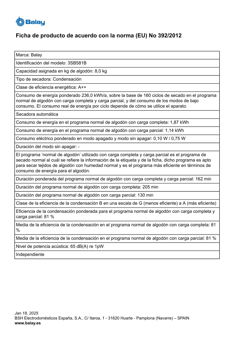 Balay Secadora 3SB581B Blanco 8Kg, Lanzamiento 2023