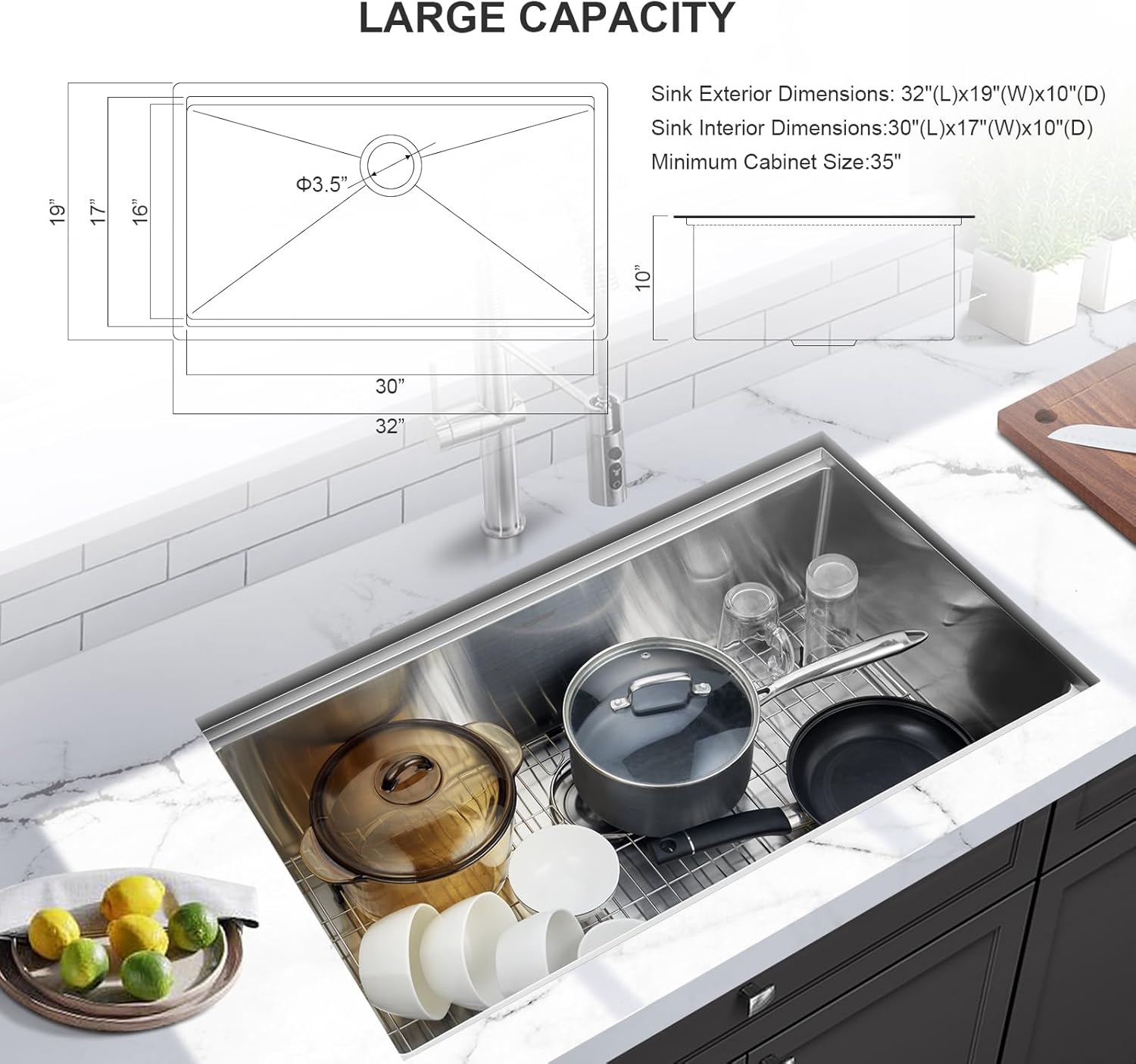 Undermount Kitchen Sink 32x19x10 Inch, Stainless Steel Large Single Bowl Workstation Sinks with 5 Accessories