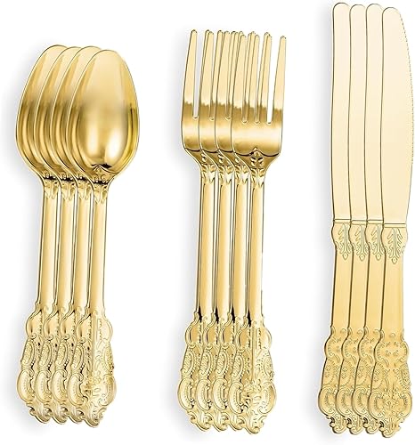 Miniatura 7 de Juego de cubiertos de plástico dorado de 300 piezas cubiertos desechables de plástico dorado cubiertos de plástico resistente 100 tenedores dorados