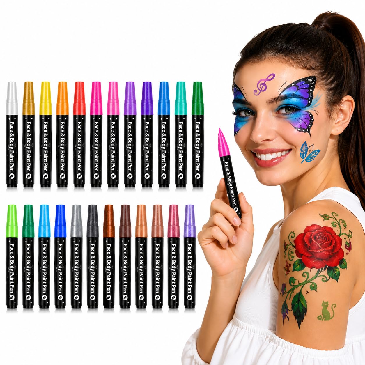 24 Colors Face & Body Paint Pens for Kids & Adults – Washable Skin Safe Temporary Tattoo Markers,Glitter Colors for Festivals, Parties, Halloween, Cosplay-image-0