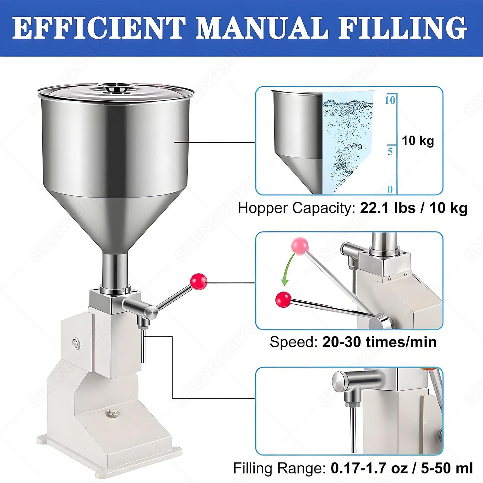 Máquina Llenadora Manual, Máquina de Botellas de Pasta Líquida, Llenadora Embotelladora de Acero Inoxidable con 10L Tolva, 20-30 Ciclos por Minuto, para Aceite, Crema, Cosméticos, Champú