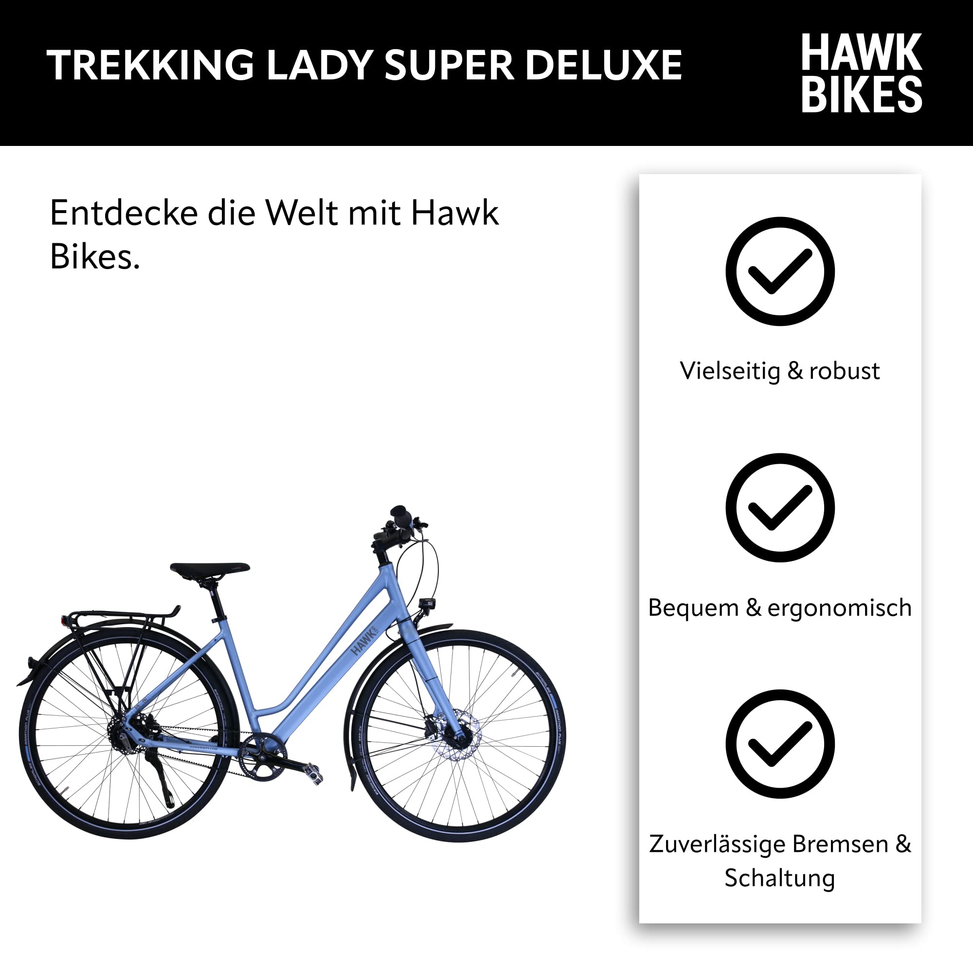 HAWK Trekking Lady Super Deluxe Fahrrad Damen 48 cm Rahmenhöhe I Trekkingrad mit Gates Riemenantrieb & 8-Gang Nabenschaltung I Allrounder