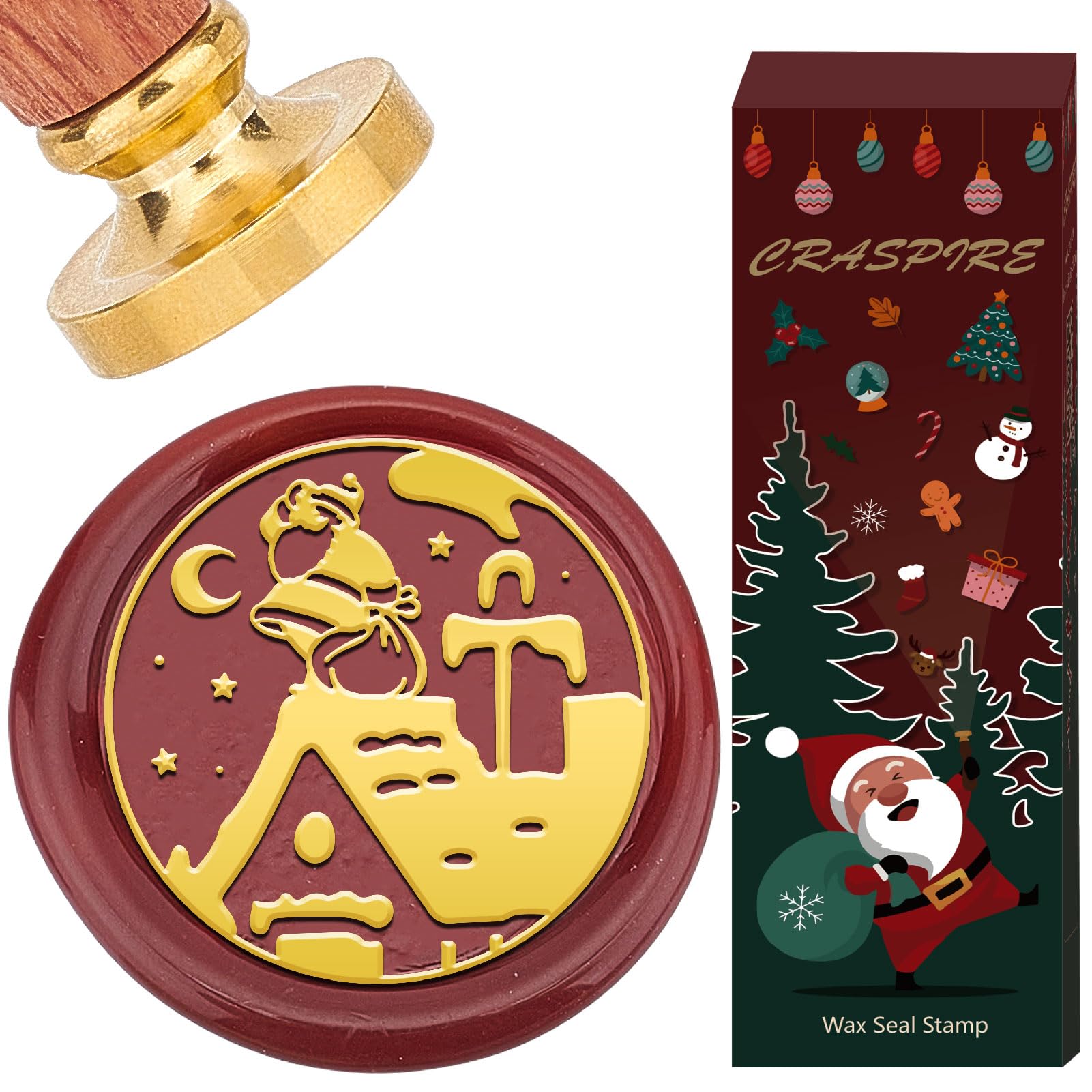 CRASPIRE Santa Claus Wax Seal Stamp Xmas Wax Stamp Christmas Moon Star 25mm Retro Vintage Removable Brass Stamp Head with Wooden Handle Sealing Stamper for Winter Wrapping Wine Package
