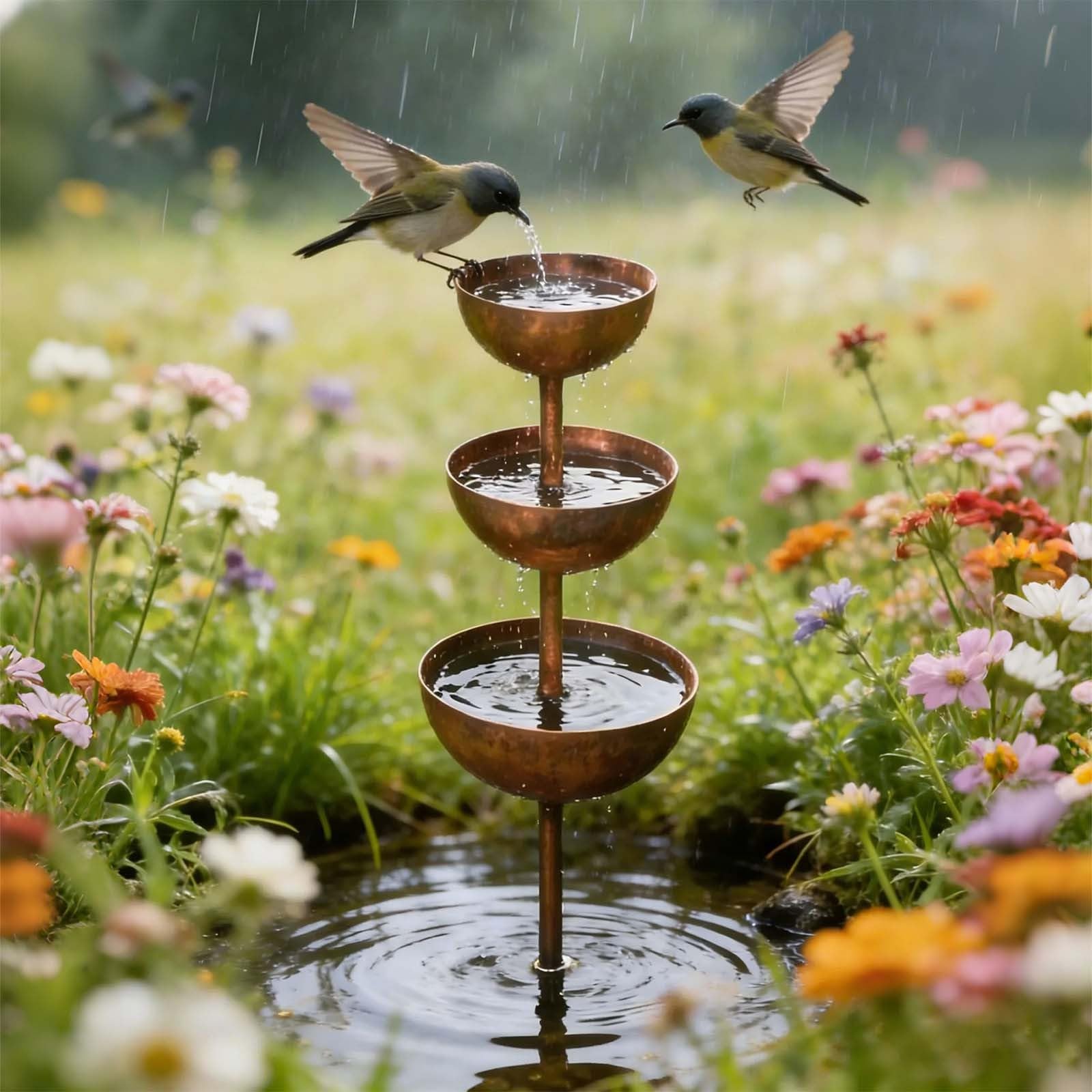 Mangeoire et baignoire pour oiseaux avec bols d'eau, piquet de jardin à 3 niveaux pour décoration extérieure, terrasse, cour, pelouse