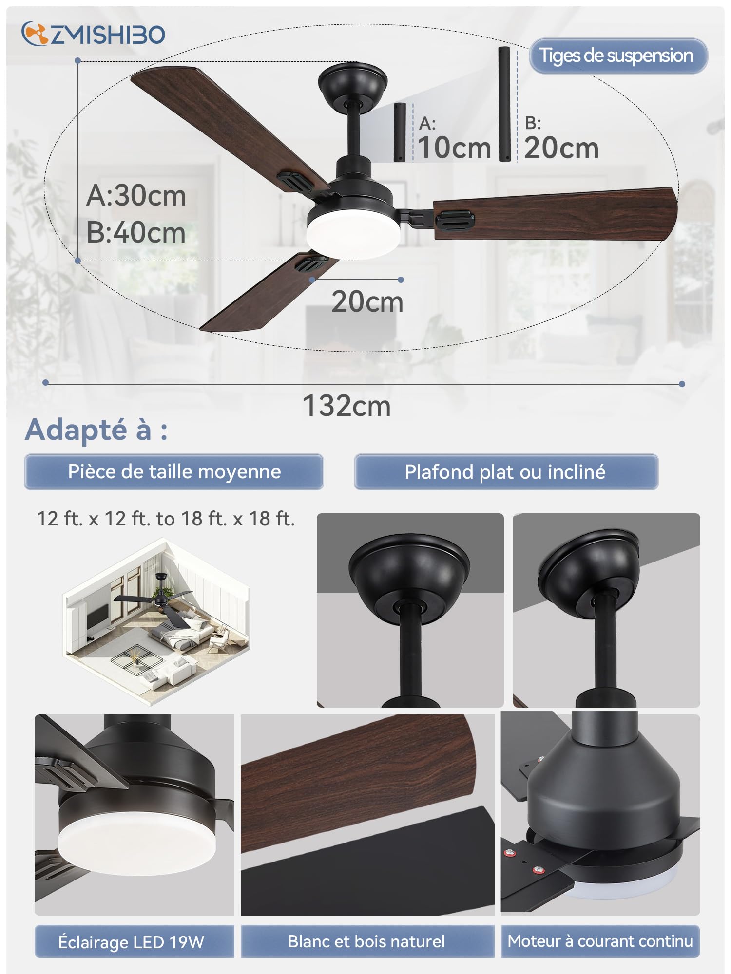 ZMISHIBO Ventilateur de Plafond avec Lumière LED 132 cm, Télécommande, Moteur DC Réversible, 6 Vitesses, 3000K-6000K