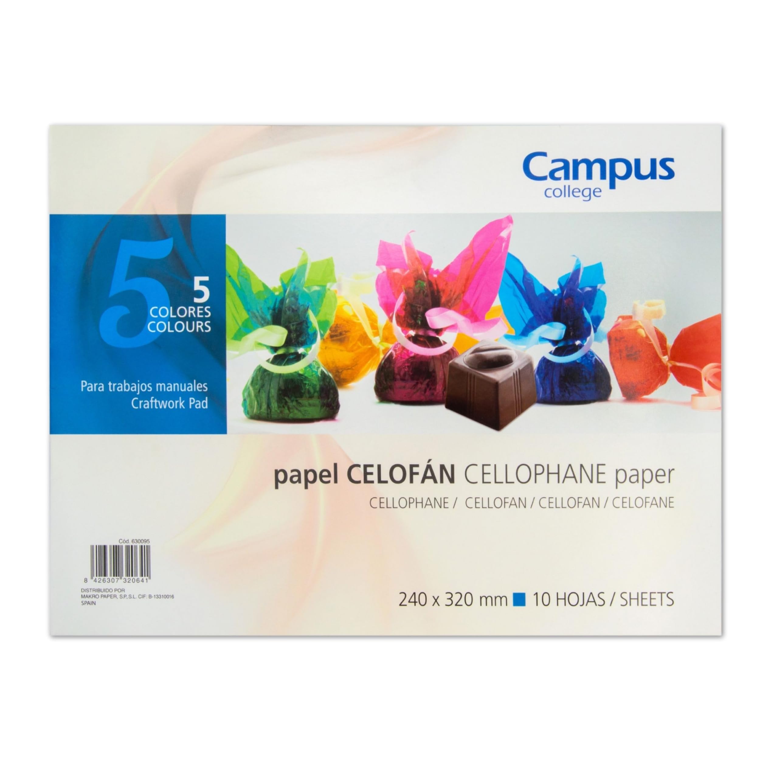 Campus – Bloc de Papel Celofán, Cuaderno de 10 Hojas y 5 Colores, Bloc de Manualidades Tamaño Folio de Papel Celofán, Colores Surtidos para Envolver Regalos, Flores y Caramelos (240 x 320 mm) Creavvee F71611 - Papel de Seda (50 x 70 cm, 30 Hojas), Color Blanco