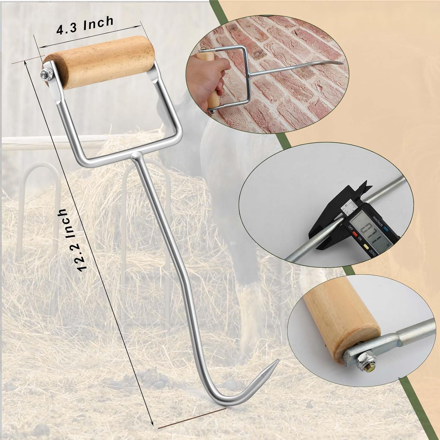 4 Pack Metal Hay Hooks with Wooden Handle, Perfect for Picking Up Bales, 12-1/4