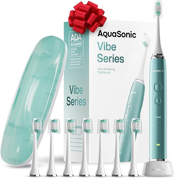 Aquasonic Vibe Series Ultra-Whitening Toothbrush – ADA Accepted Power Toothbrush - 8 Brush Heads & Travel Case – 40,000 VPM Motor & Wireless Charging - 4 Modes w Smart Timer – Mint Green Metallic