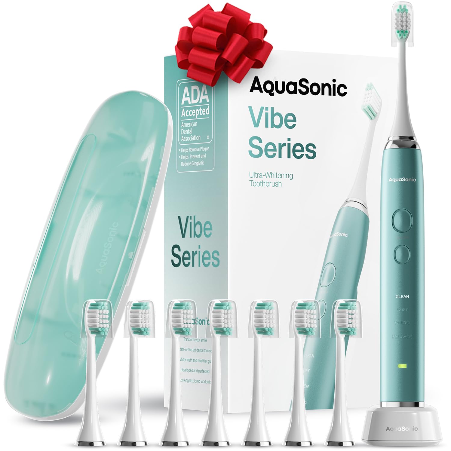 Aquasonic Vibe Series Ultra-Whitening Toothbrush – ADA Accepted Power Toothbrush - 8 Brush Heads & Travel Case – 40,000 VPM Motor & Wireless Charging - 4 Modes w Smart Timer – Mint Green Metallic