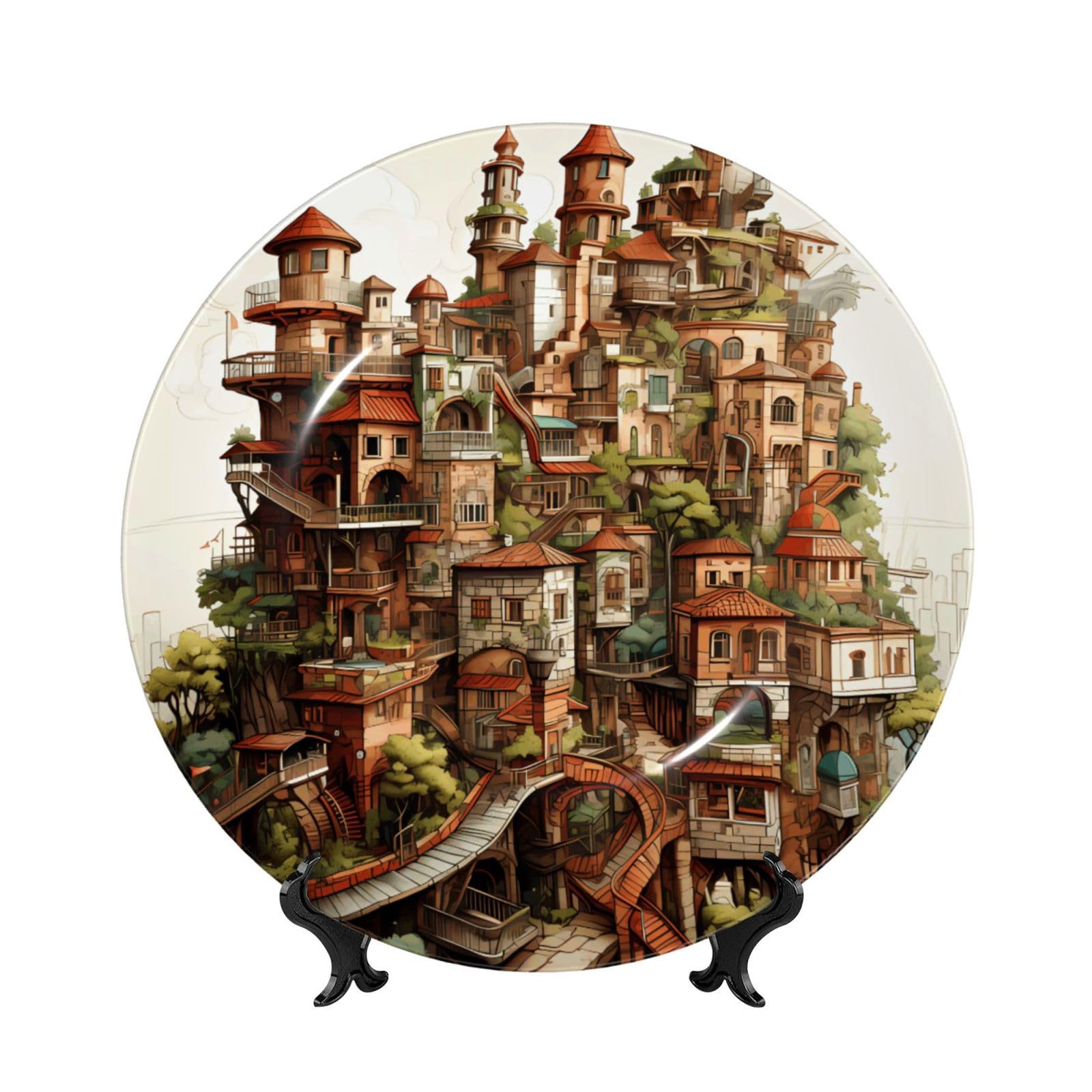 SXZVVBN Dream Castle Bone China Decorative Plate Art with Stand Removable Adhesive Hanging for Home Office 10in（25cm）