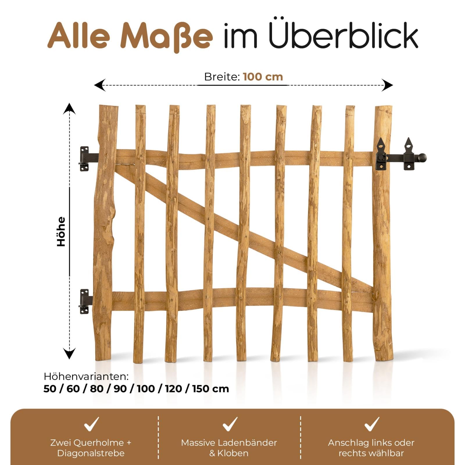 BOOGARDI Gartentor Holz für Staketenzaun 80cm hoch · Garten Zaun Tor in 14 Größen · Holztor 100cm breit · Gartentür für Holzzaun · HxB 80 cm x 100 cm (3-5 cm Lattenabstand)