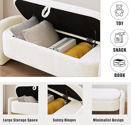 Miniatura 4 de L"KeKe Banco de almacenamiento ovalado de 47 pulgadas, otomano de tela polar de cordero con gran espacio de almacenamiento y bisagras de seguridad