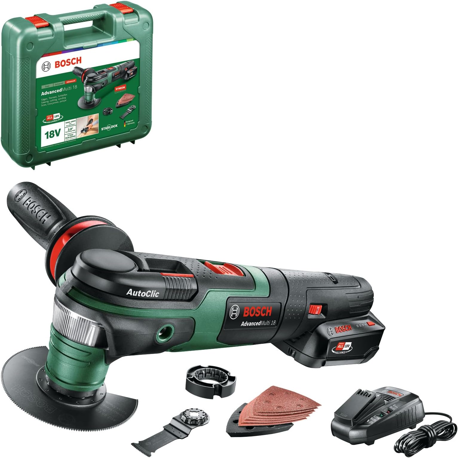 Bosch 603104071 AdvancedMulti 18 Cordless Multifunction Tool with 18 V Lithium-Ion Battery, Green