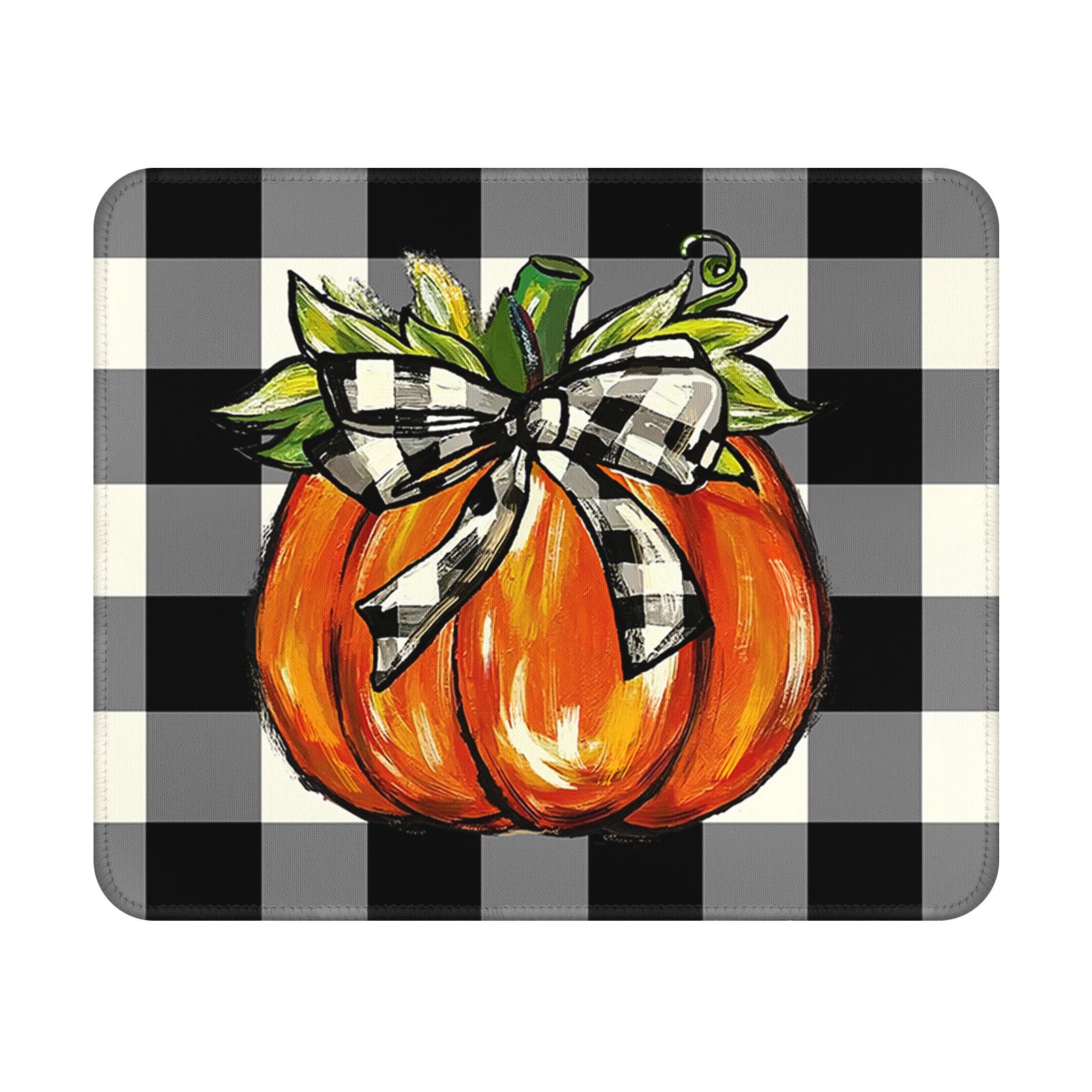 Fall Mouse Pad - 9.5x7.9 Inch Pumpkin Mousepad Black Plaid Keyboard Mat with Anti-Slip Rubber Base for Computer Mouse Keyboard Home and Office