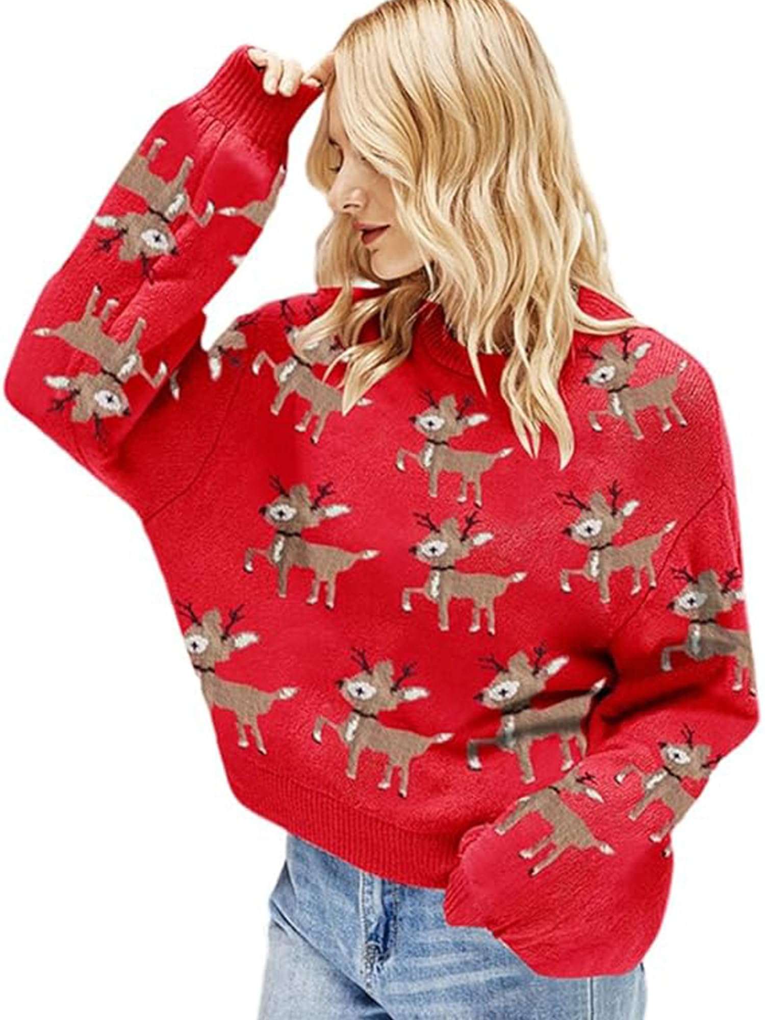 Womens Ugly Christmas Sweater Cute Reindeer Patterns Long Sleeve Knitted Sweater Holiday Warm Pullover Knitwear