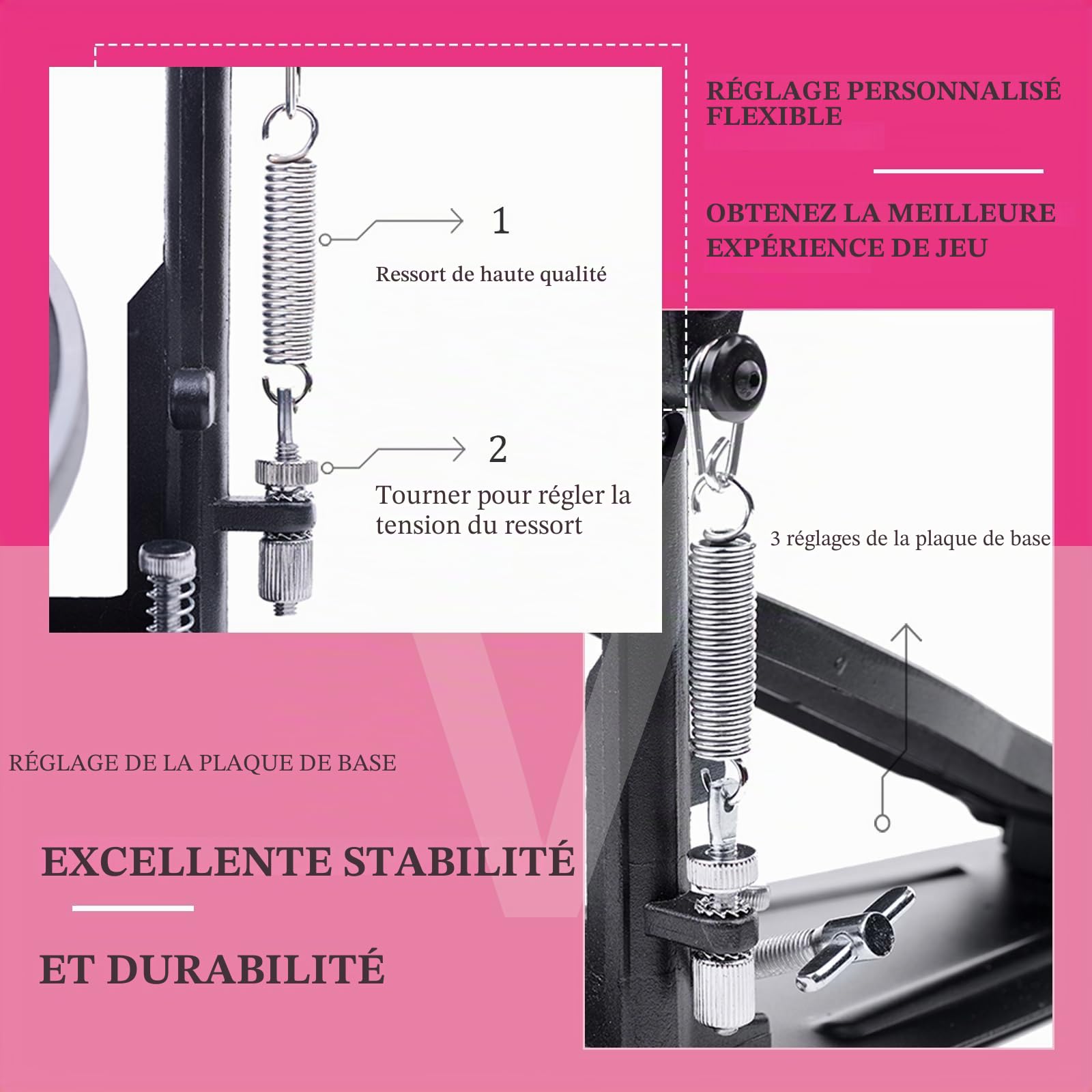 Double Pédale de Grosse Caisse, Pédale de Grosse Caisse à Double Chaîne | Double Pédale de Grosse Caisse à Double Chaîne, Réponse Fluide, Base Stable, Réglages Personnalisables, V-SC-VZ14