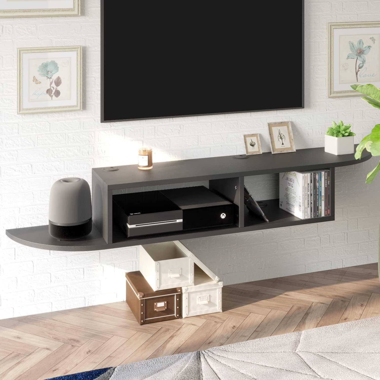Catrimown Floating Shelves for Wall Under TV, 55” Floating Game&Media Console Cabinet for Xbox Cable Box Audio Video, Floating TV Stand Entertainment Center for Living Room, Bedroom, Black