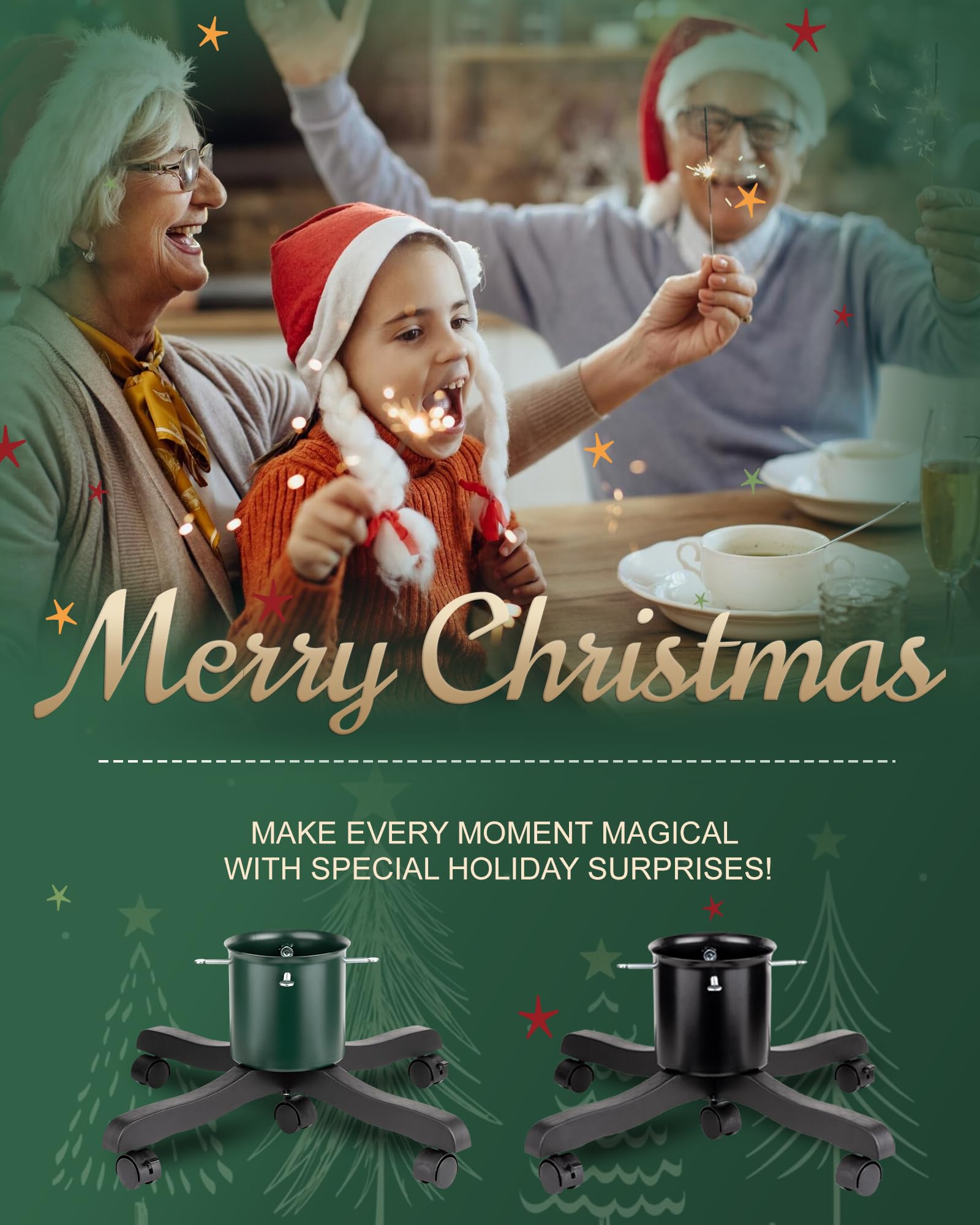 Pied de Sapin de Noel: Support Pied Sapin de Noël avec réserve d'eau, Pied de Sapin avec roulettes Metal pour Arbres jusqu'à 2 m de Tronc 3 à 12 cm - Christmas Tree Stand Goodjob Vert