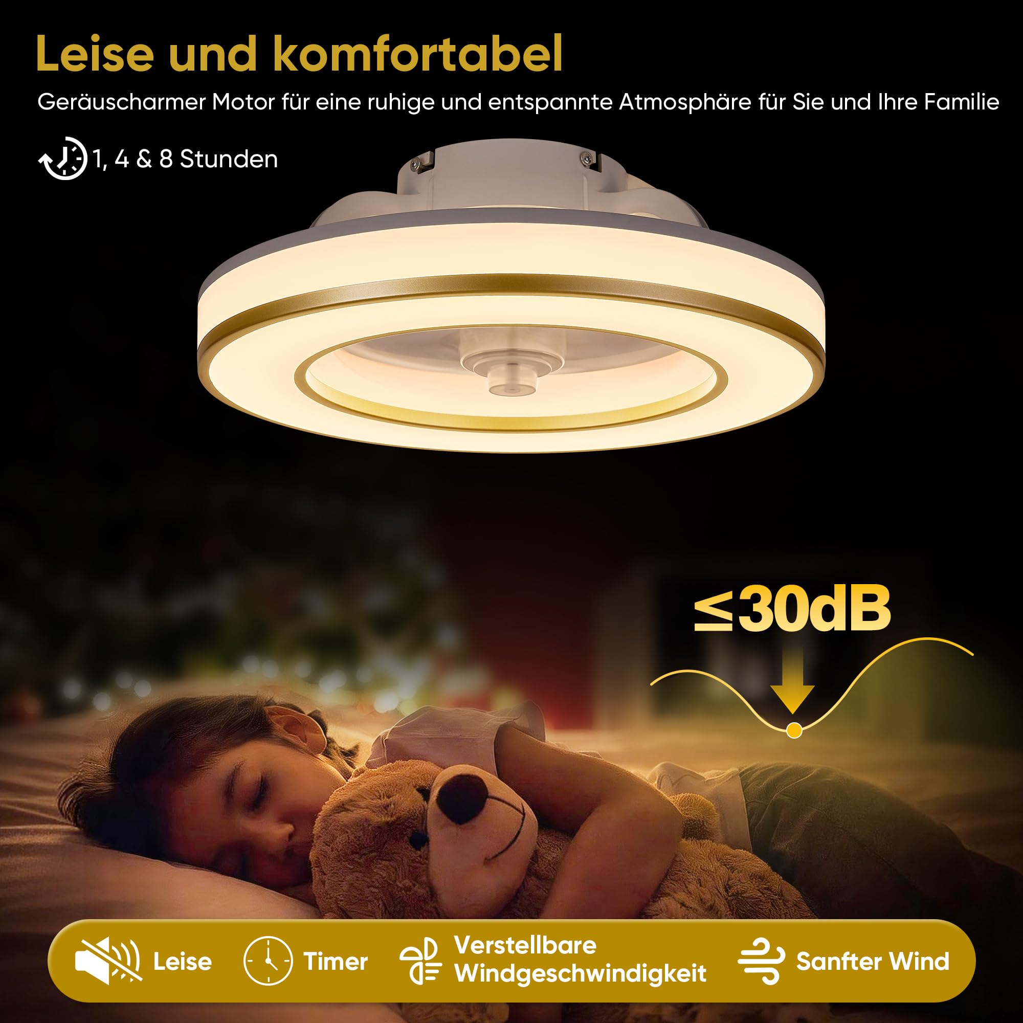 DOMANKI Deckenventilator mit Beleuchtung 42 cm RGB-Ambientelicht, Leiser DC-Motor, 6 Stufen Dimmbar, Sommer-/Wintermodus, Fernbedienung, Gold