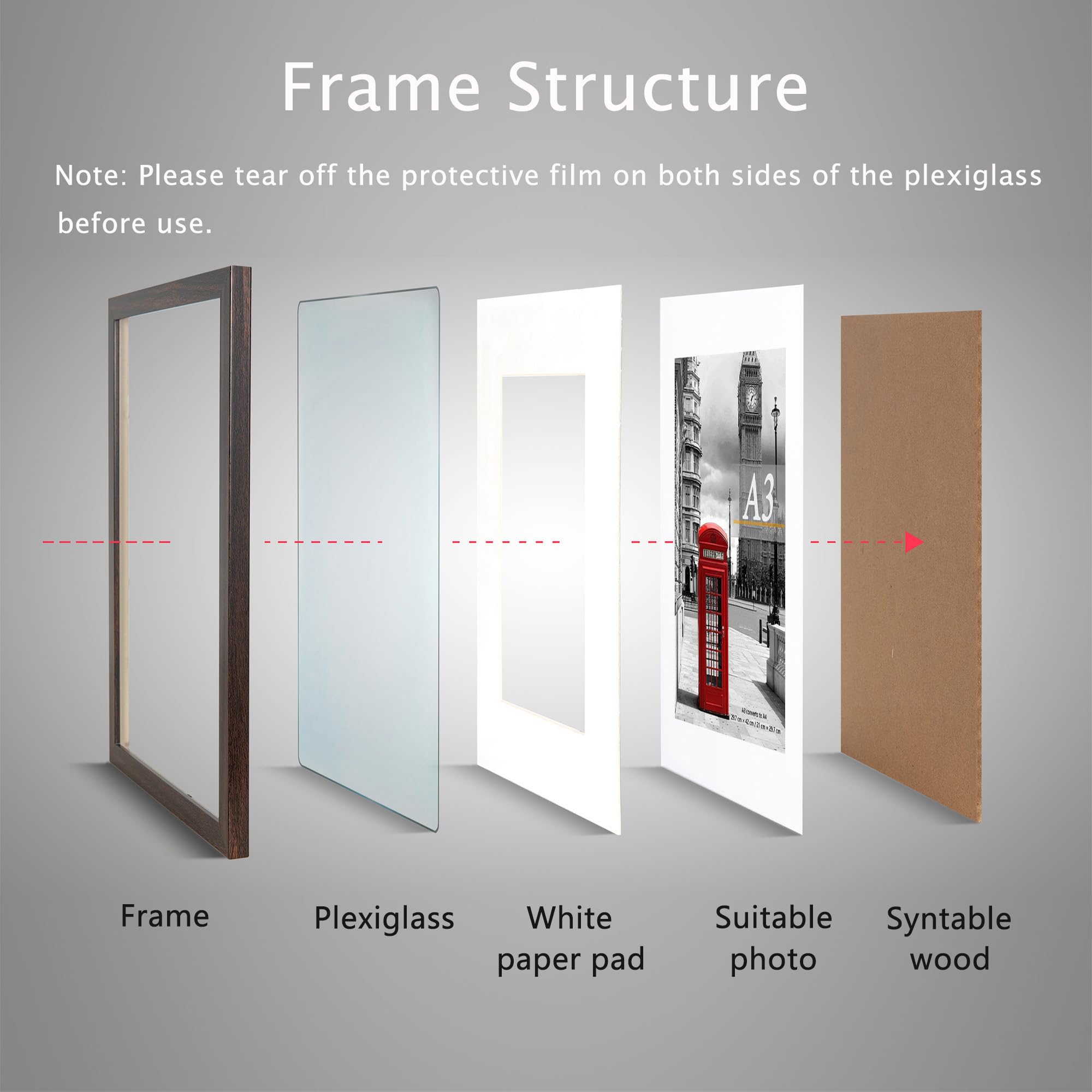 Scholar Tree Brown Photo Frame Picture Frames, A3 with Mat for A4 Mount Picture, Set of 3, Wall Mountable - Image 4