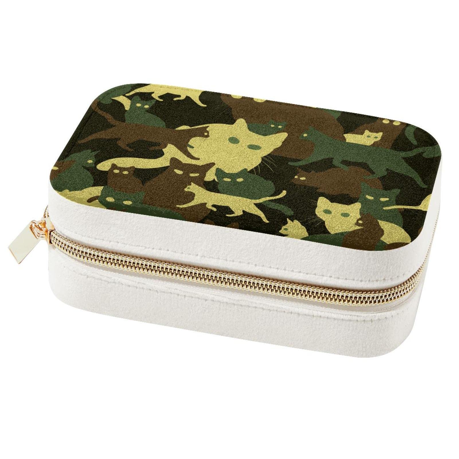 Boîte à bijoux chat camouflage vert pour voyage et rangement bagues colliers