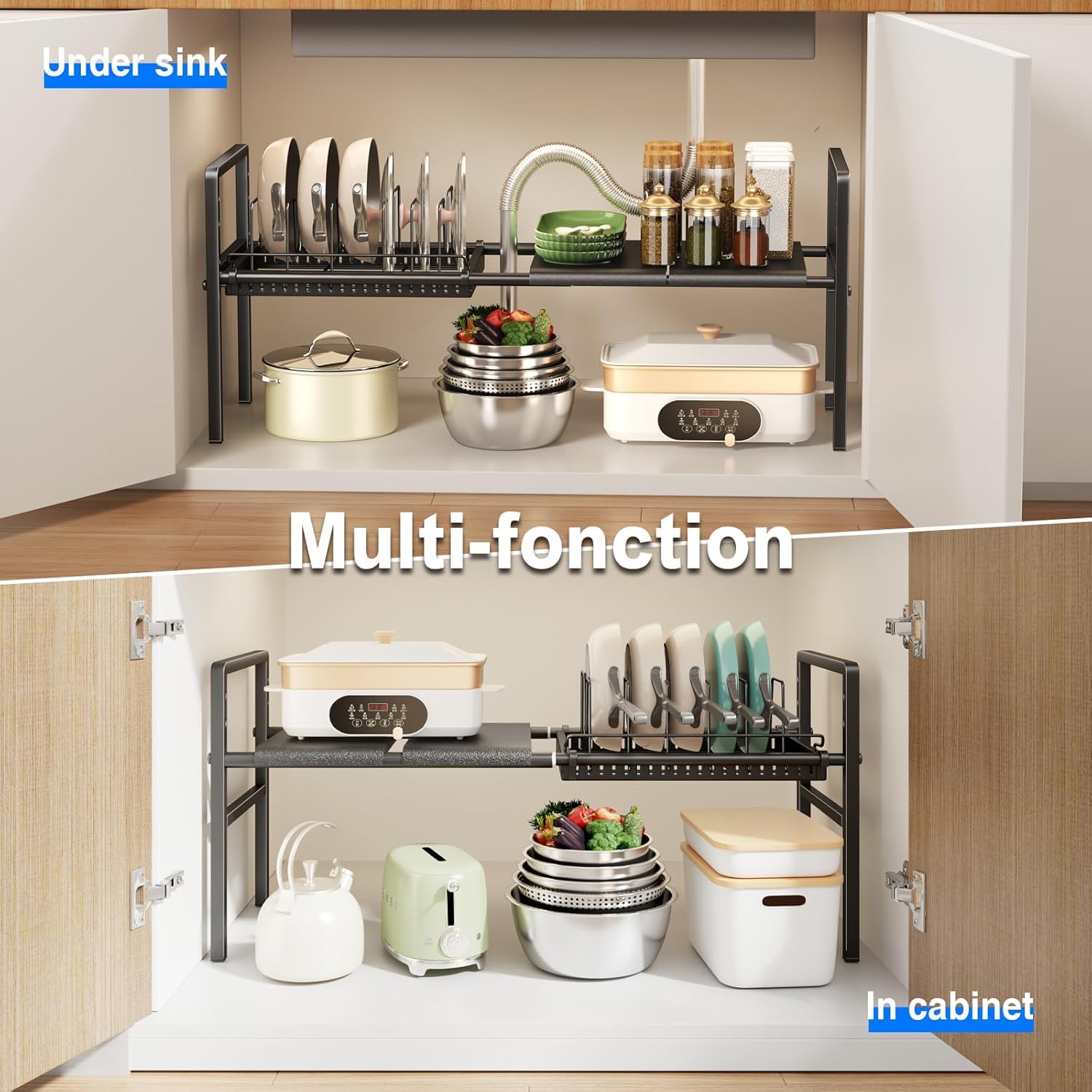 Mustorn Range Couvercle Extensible, 1 Niveau Rangement Casserole, Hauteur Réglable Rangement Poele Et Casserole Placard, Porte Couvercle, Supports à Casseroles Avec 6 Séparateurs(Noir)