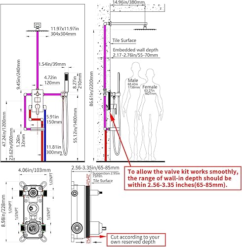Miniatura 8 de Digital Shower System with Tub Spout 12 Inch Rain Shower Faucet Set Wall Mounted Bathroom Shower Combo Set 3 Function LCD Display Shower Valve Kit,