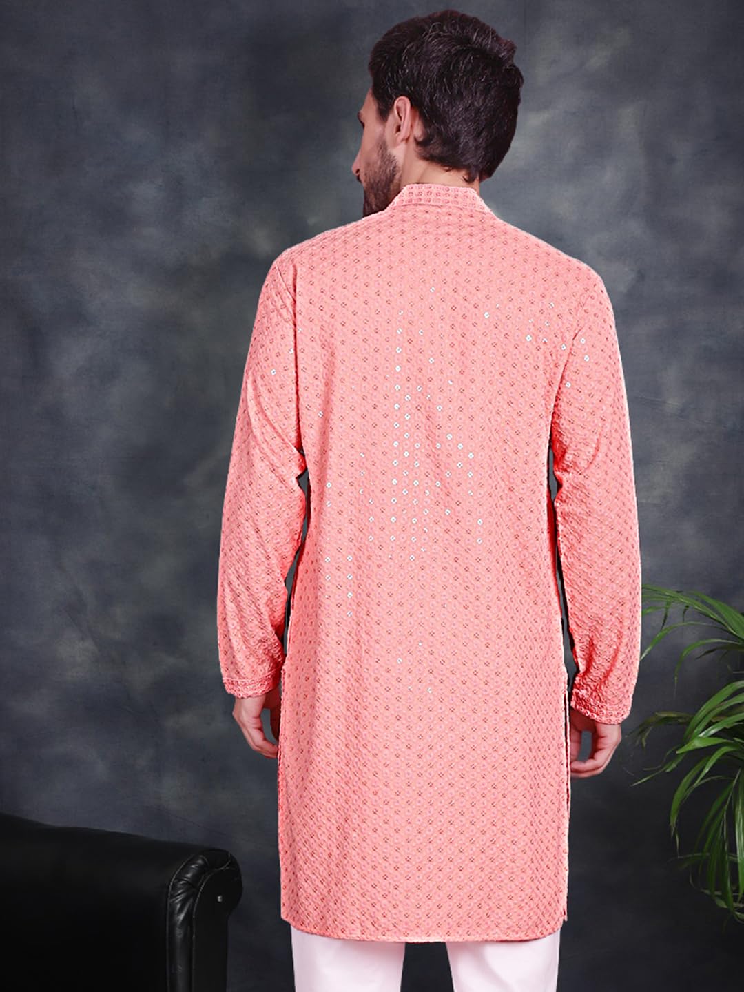 Jompers Men's Peach Chikankari Embroidered And Sequence Kurtas (Peach, S)