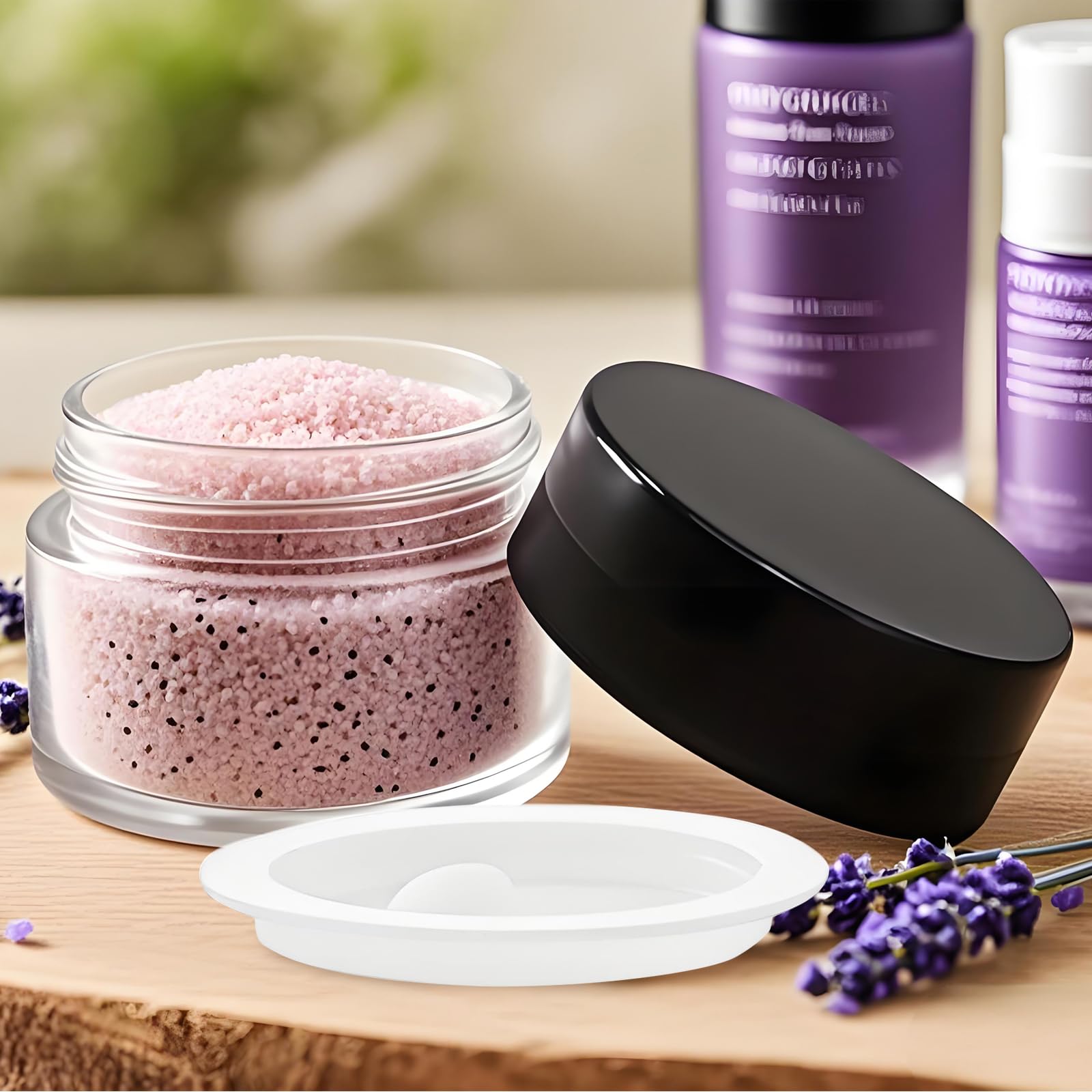 90 Stück 5 ml kleine transparente Gläser mit schwarzem Deckel und Löffeln, leere Glas-Kosmetikbehälter, Großpackung mit Einsatz, luftdichte Cremeflasche für Beauty-Produktproben, Reisen