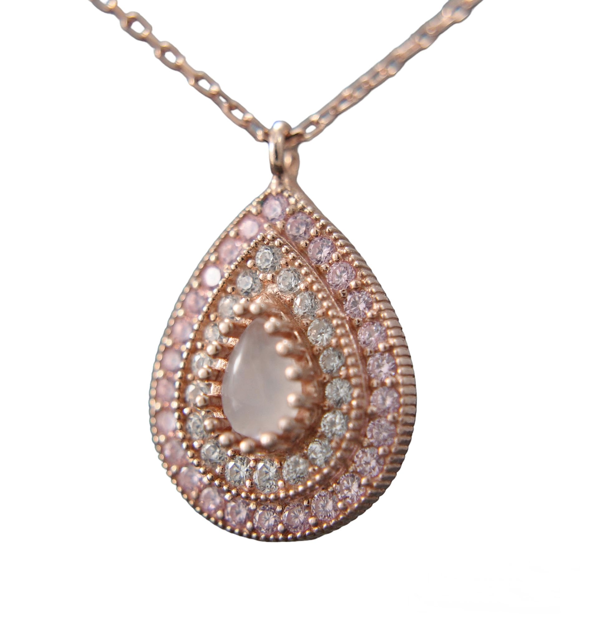 Sterling Silber Kette Damen - 925 - Edelstein Kette - Halsketten mit Anhängern - Rosenquarz Edelstein - Brautschmuck Rosegold - Tropfen - Zirkonia - Geschenk für Sie - Schmuck-Handmade Geschenk