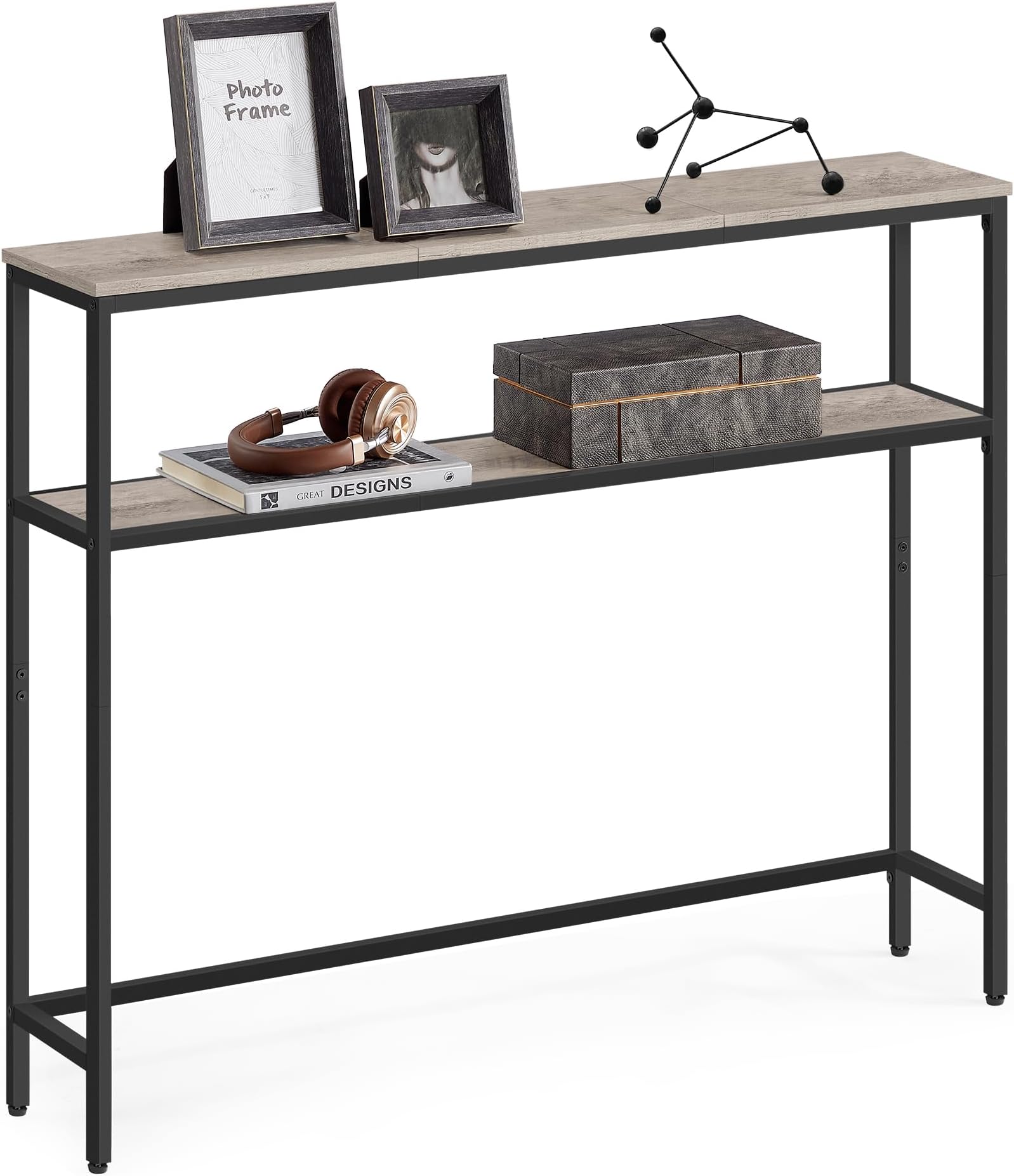 VASAGLE Console Table, 2-Tier Sofa Table, 7.9 x 39.4 x 31.5 Inches, Narrow Entryway Table, Modern Entry Table with 2 Shelves, for Living Room, Bedroom, Heather Greige and Ink Black ULNT131K02